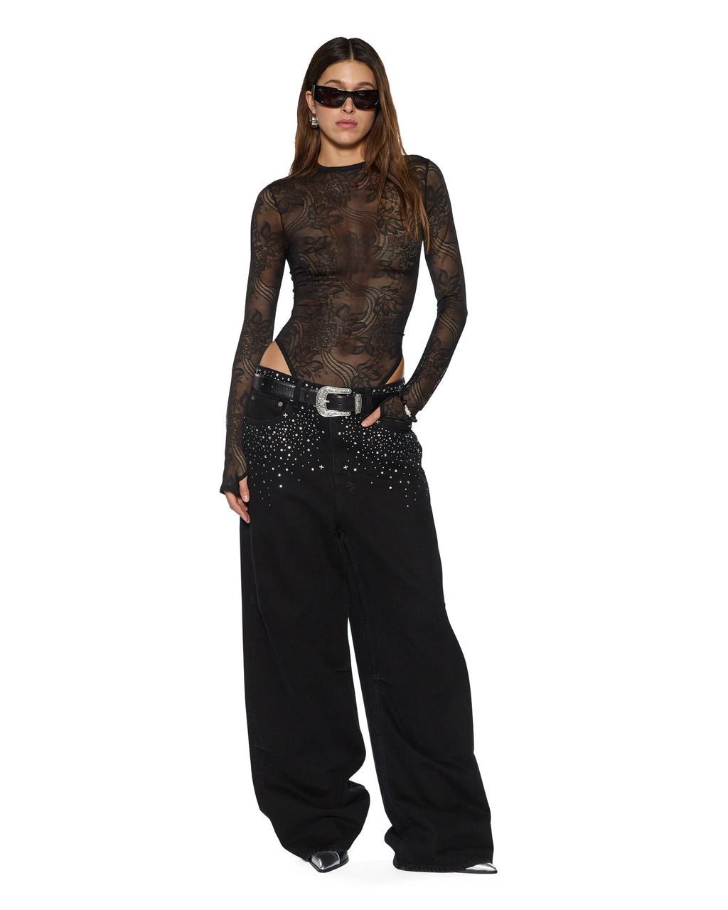WOMENS ADELE LS BODYSUIT BLACK LACE FASHION TOPS