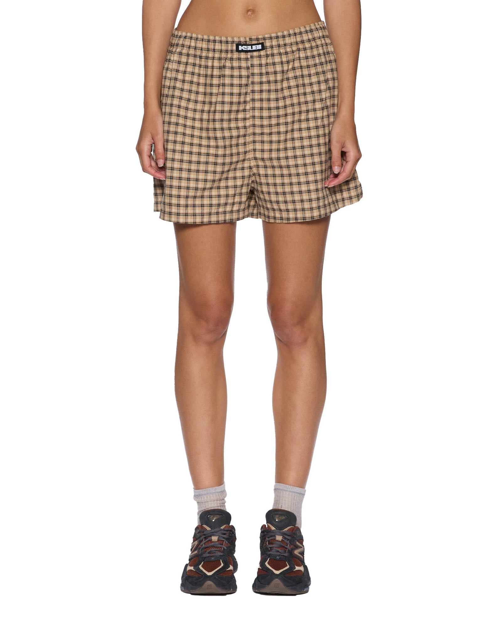 WOMENS BOXER SHORTS TAN PLAID REGULAR WALKSHORTS
