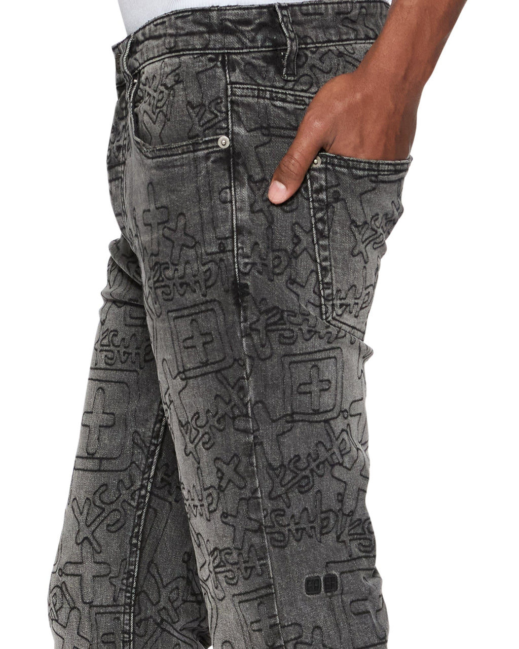 Mens Chitch Stencil Stitch Worn Grey Slim Denim Jeans - Grey