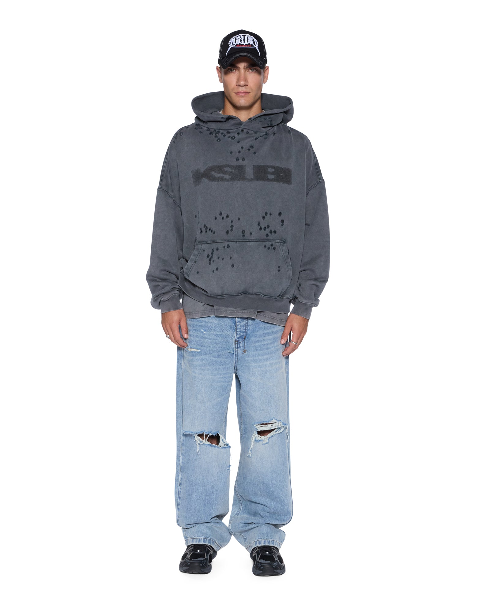 MENS BLASTED EKCESS HOODIE RHINO OVERSIZED FLEECE