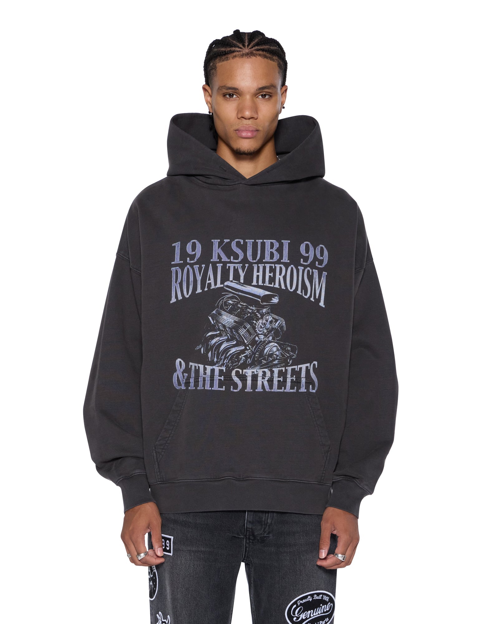 MENS  ENGINE EKCESS HOODIE FADED BLACK OVERSIZED FLEECE