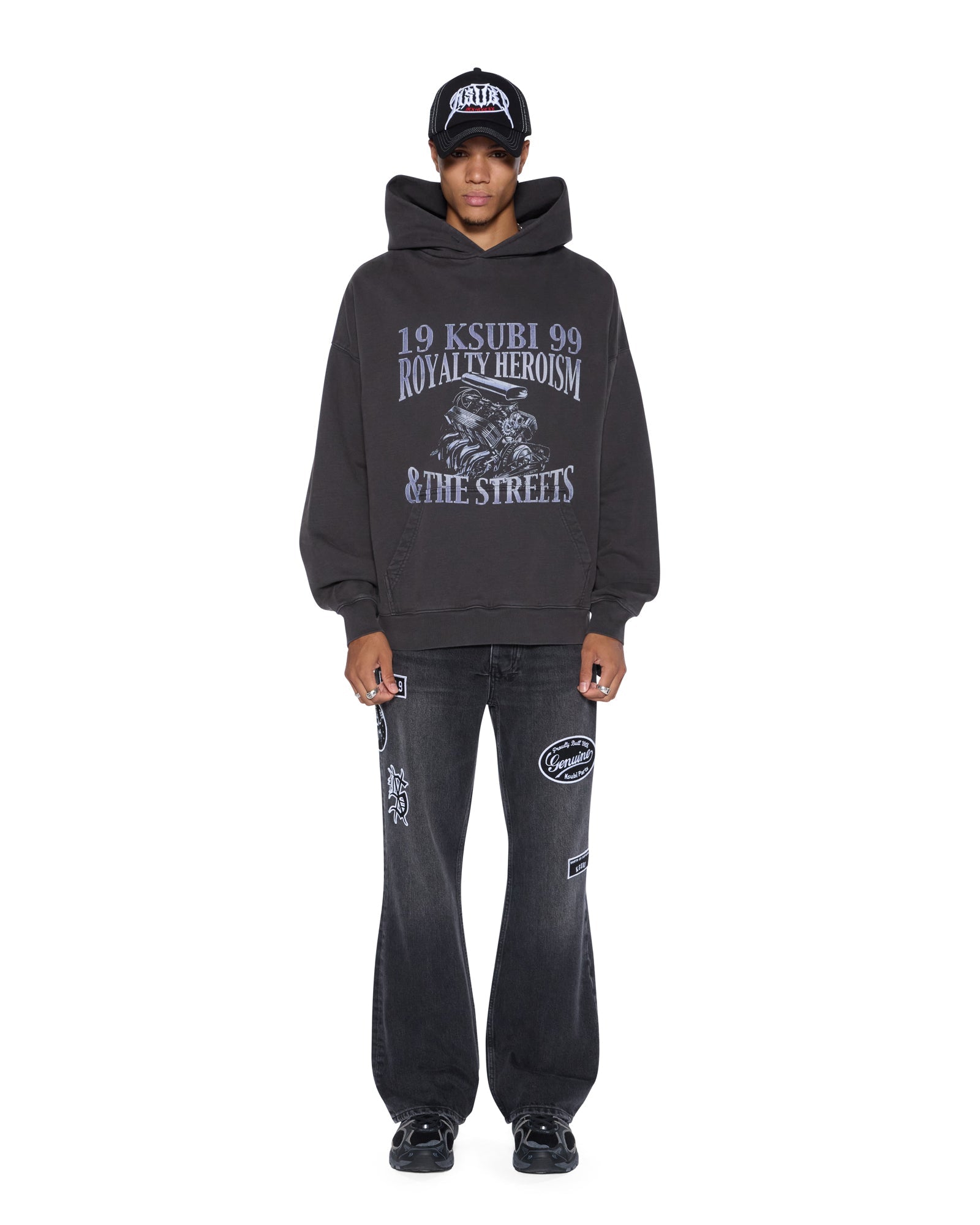 MENS  ENGINE EKCESS HOODIE FADED BLACK OVERSIZED FLEECE