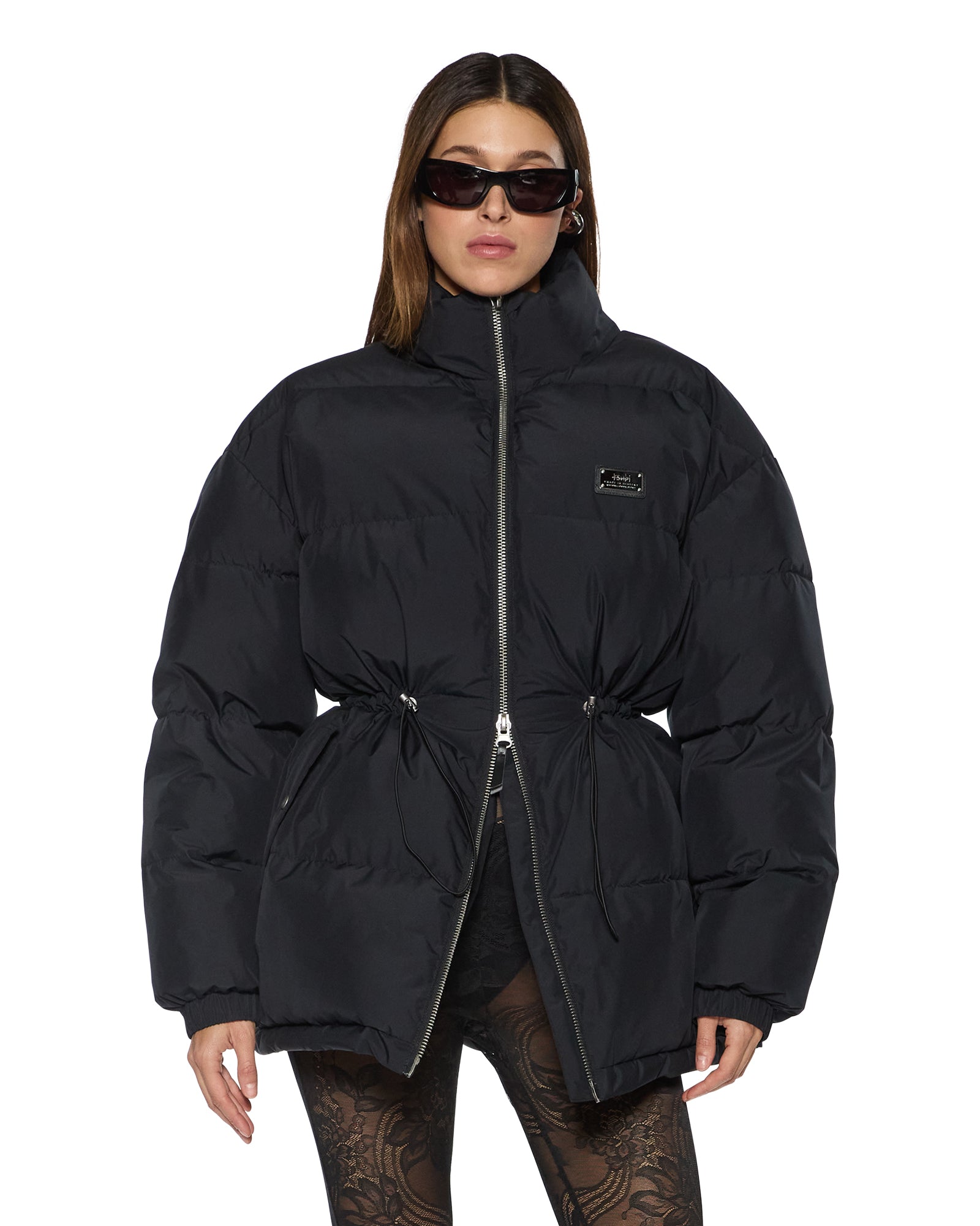 WOMENS  CINCHED PUFFER BLACK REGULAR JACKETS