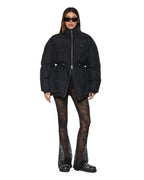 WOMENS CINCHED PUFFER BLACK JACKETS