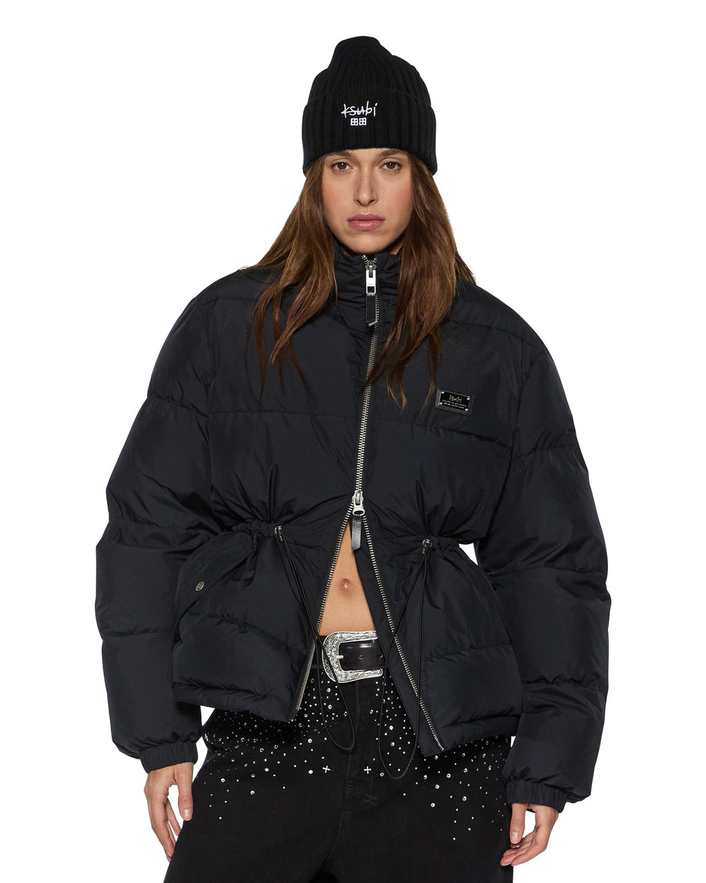 WOMENS CINCHED PUFFER BLACK JACKETS