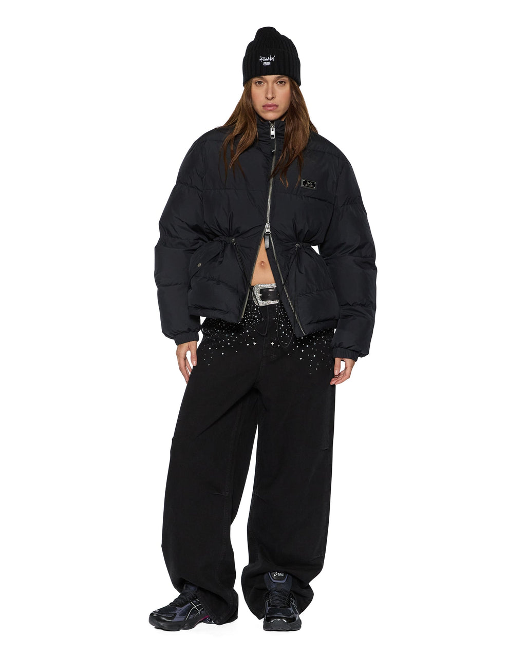 WOMENS CINCHED PUFFER BLACK JACKETS