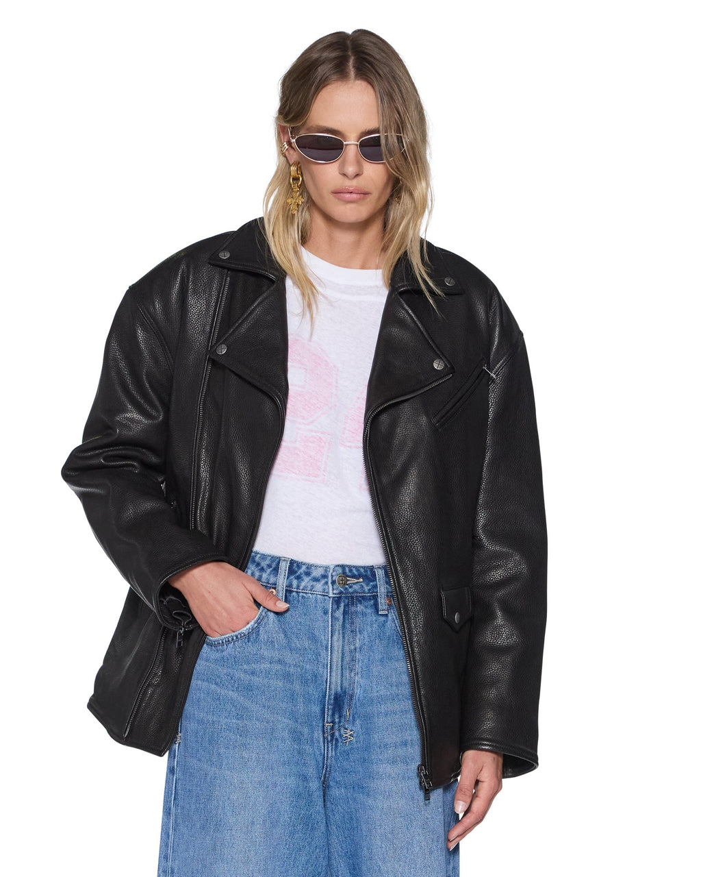 Womens Ksuper Biker Jacket Black Leather Oversized Jackets - Black