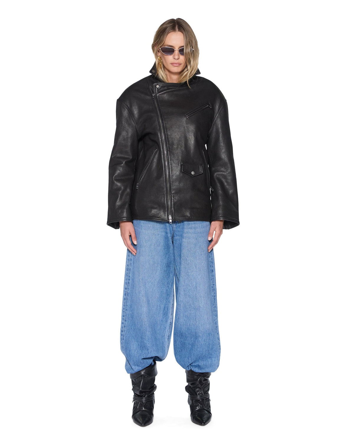 Womens Ksuper Biker Jacket Black Leather Oversized Jackets - Black