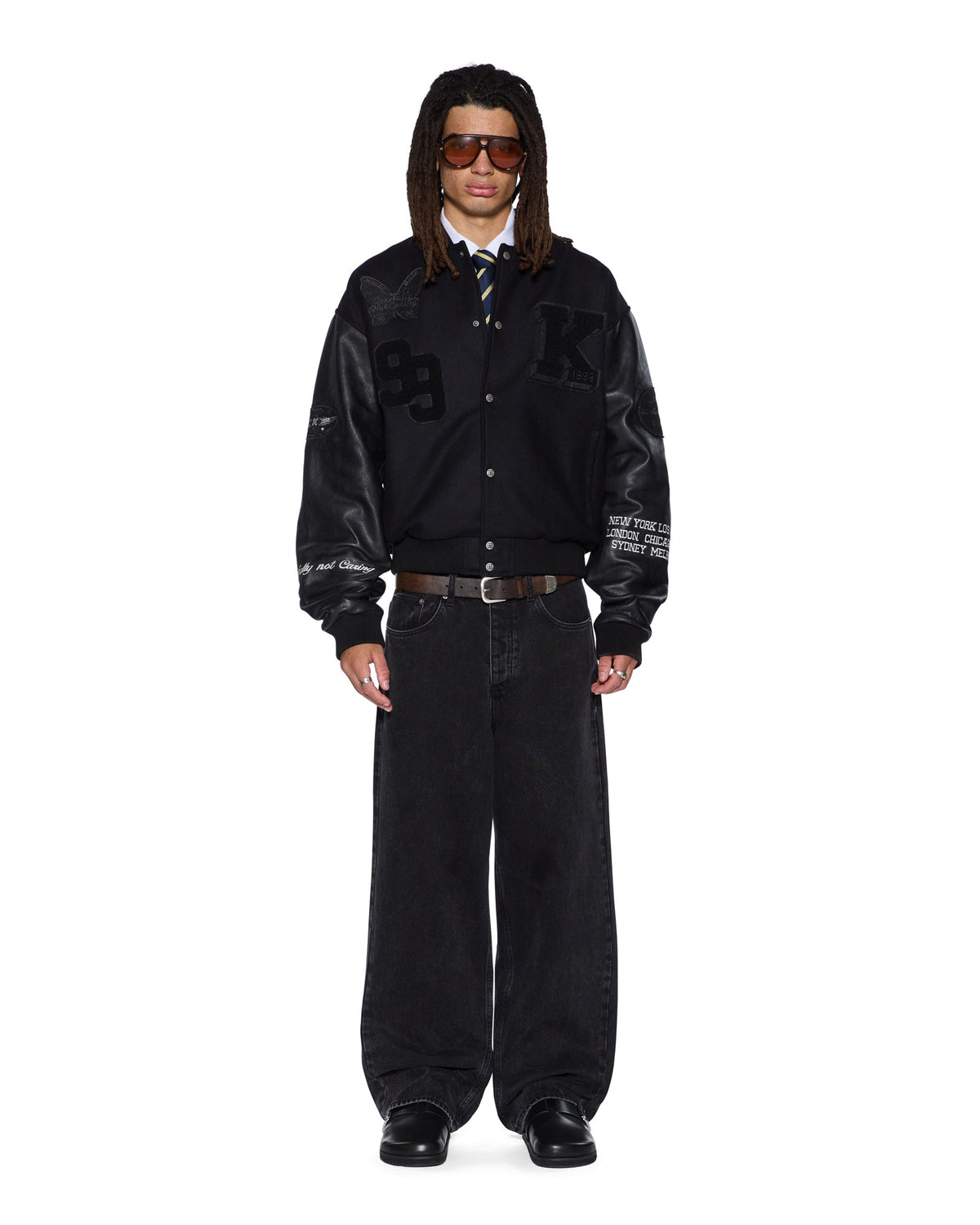 MENS PATCHED VARSITY JACKET BLACK JACKETS