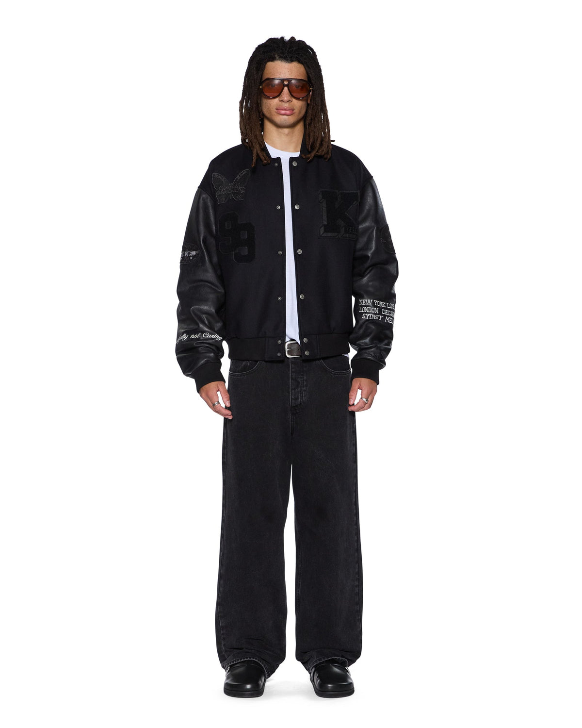 MENS PATCHED VARSITY JACKET BLACK JACKETS