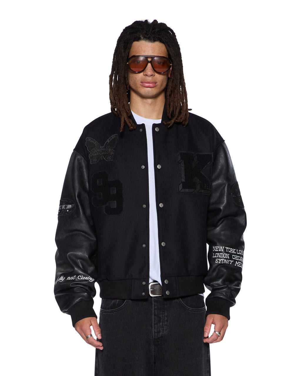 MENS PATCHED VARSITY JACKET BLACK JACKETS