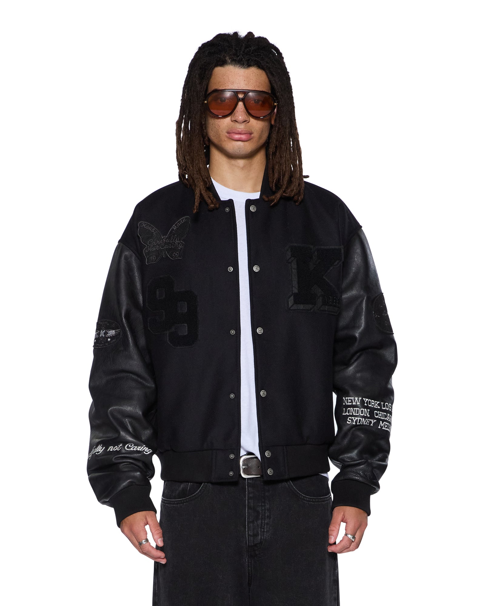 MENS  PATCHED VARSITY JACKET BLACK REGULAR JACKETS