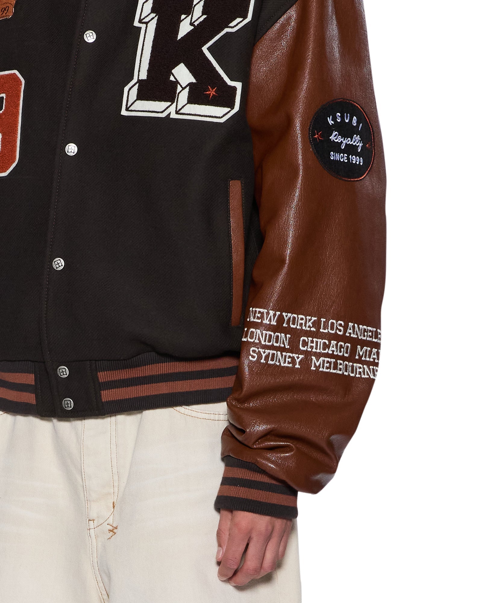 MENS  PATCHED VARSITY JACKET CHOCOLATE REGULAR JACKETS