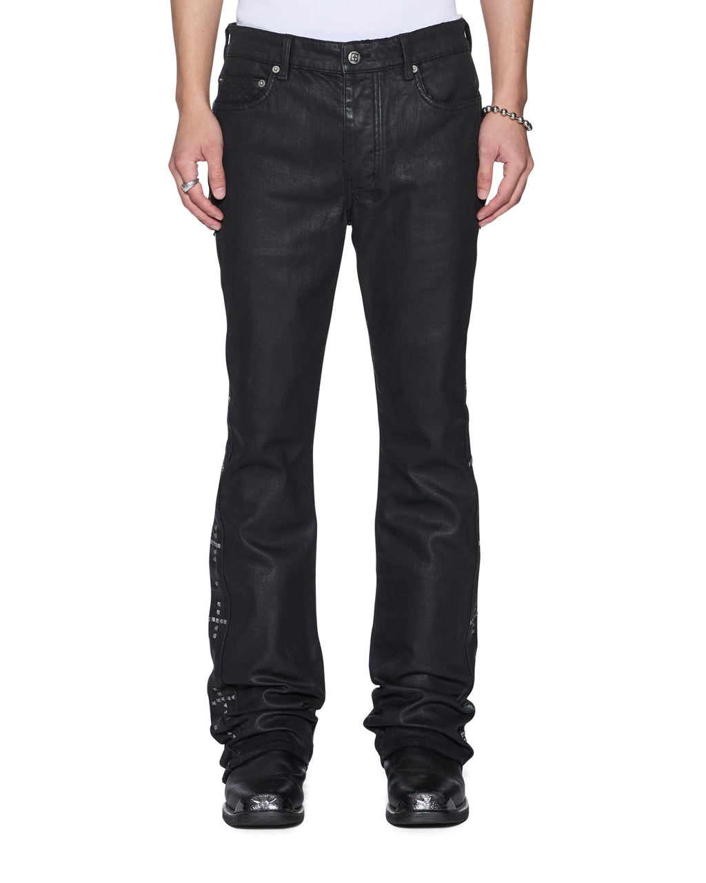 Mens Bronko Backstage Black Studded Bootcut Denim Jeans - Grey