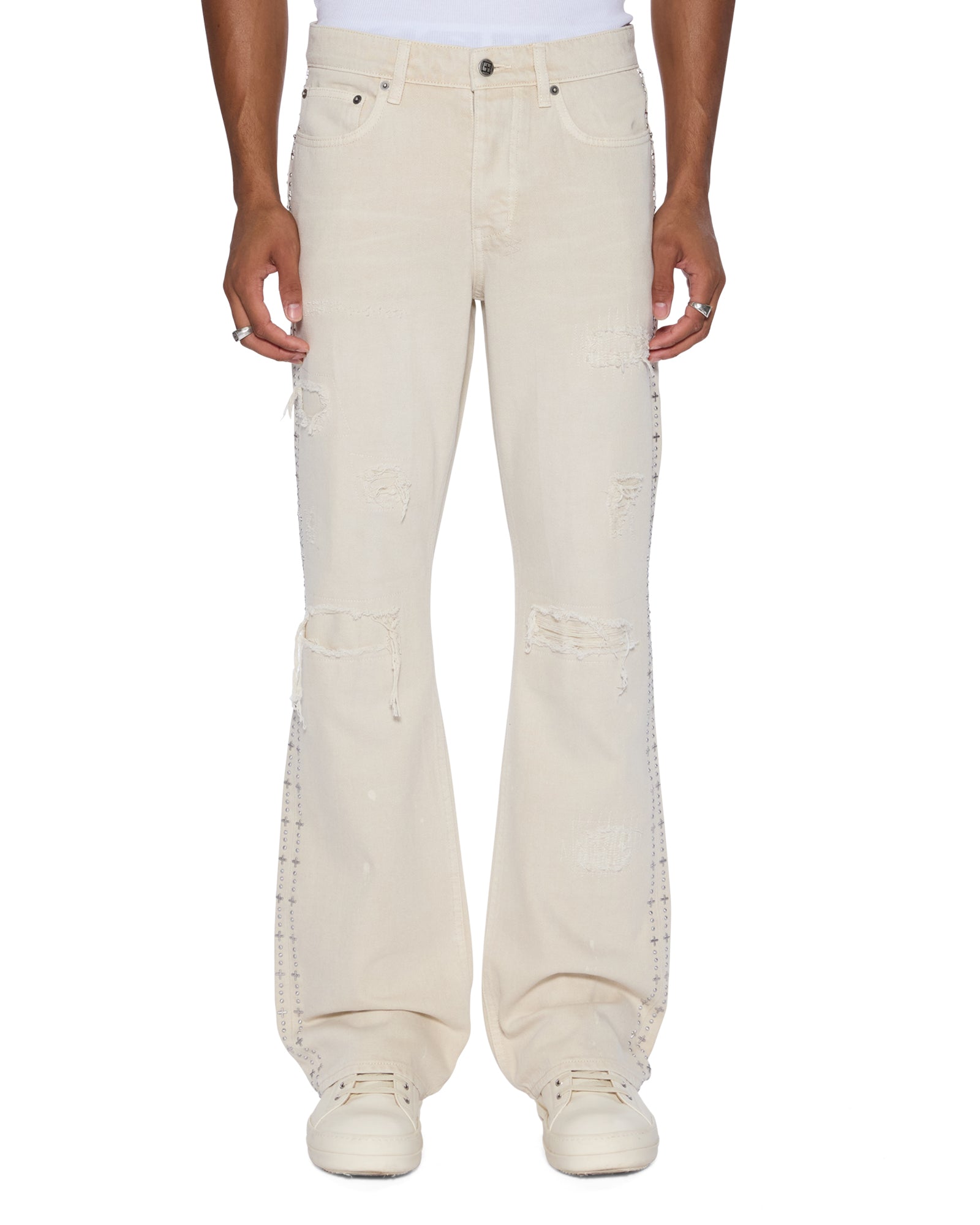 MENS BRONKO IVORY TRASHED BOOTCUT DENIM JEANS
