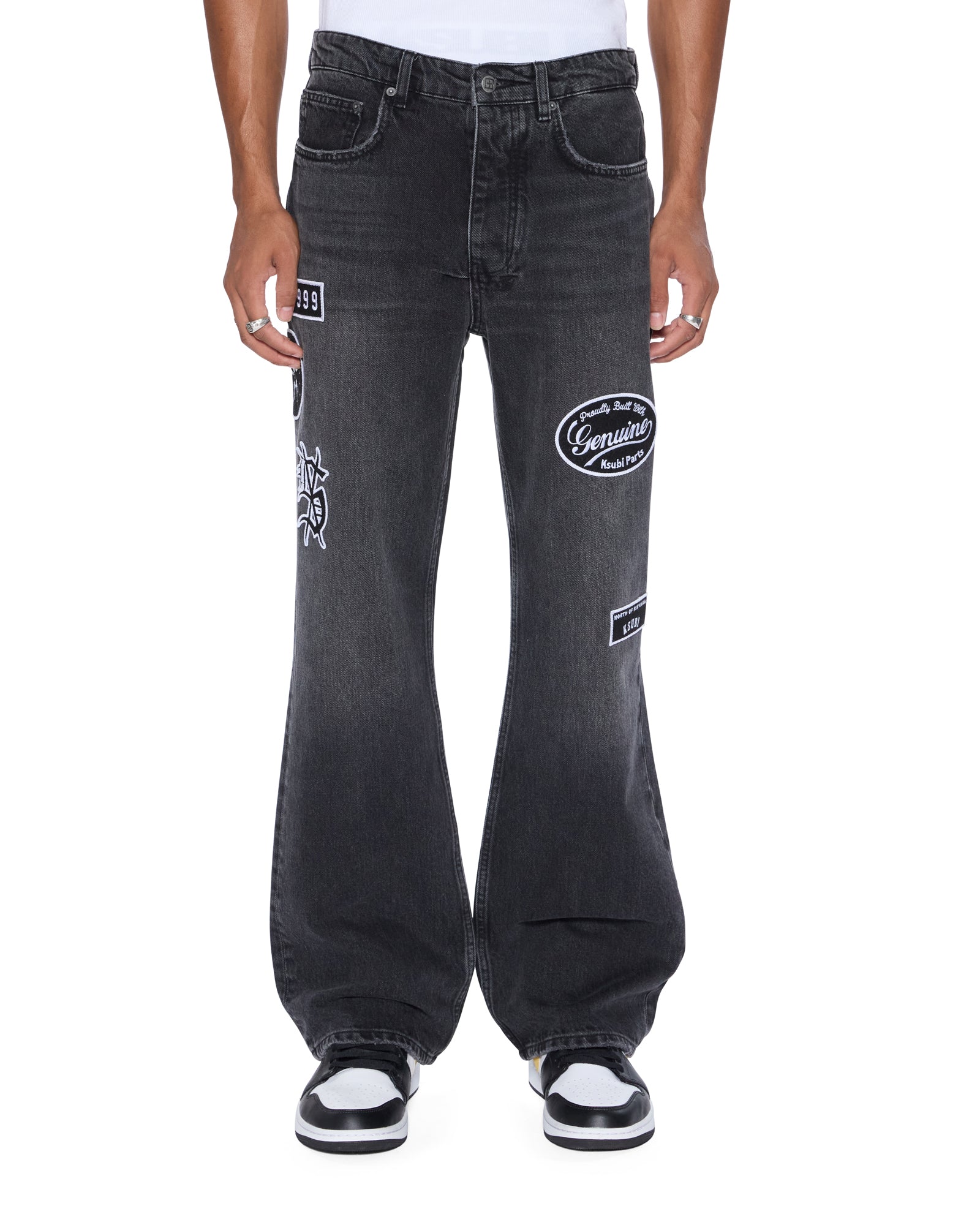 MENS BRONKO ROADHOUSE BLACK PATCHED BOOTCUT DENIM JEANS