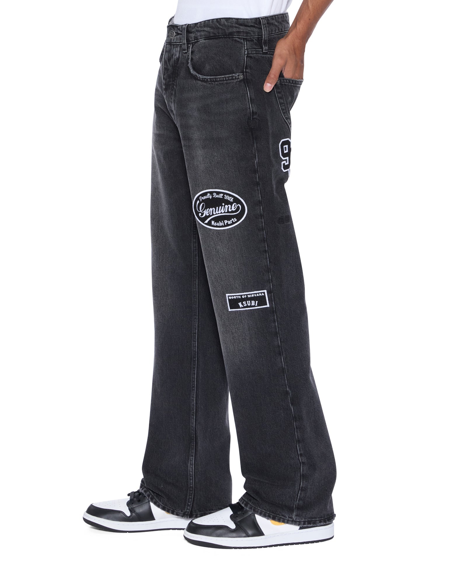 MENS  BRONKO ROADHOUSE BLACK PATCHED BOOTCUT DENIM JEANS