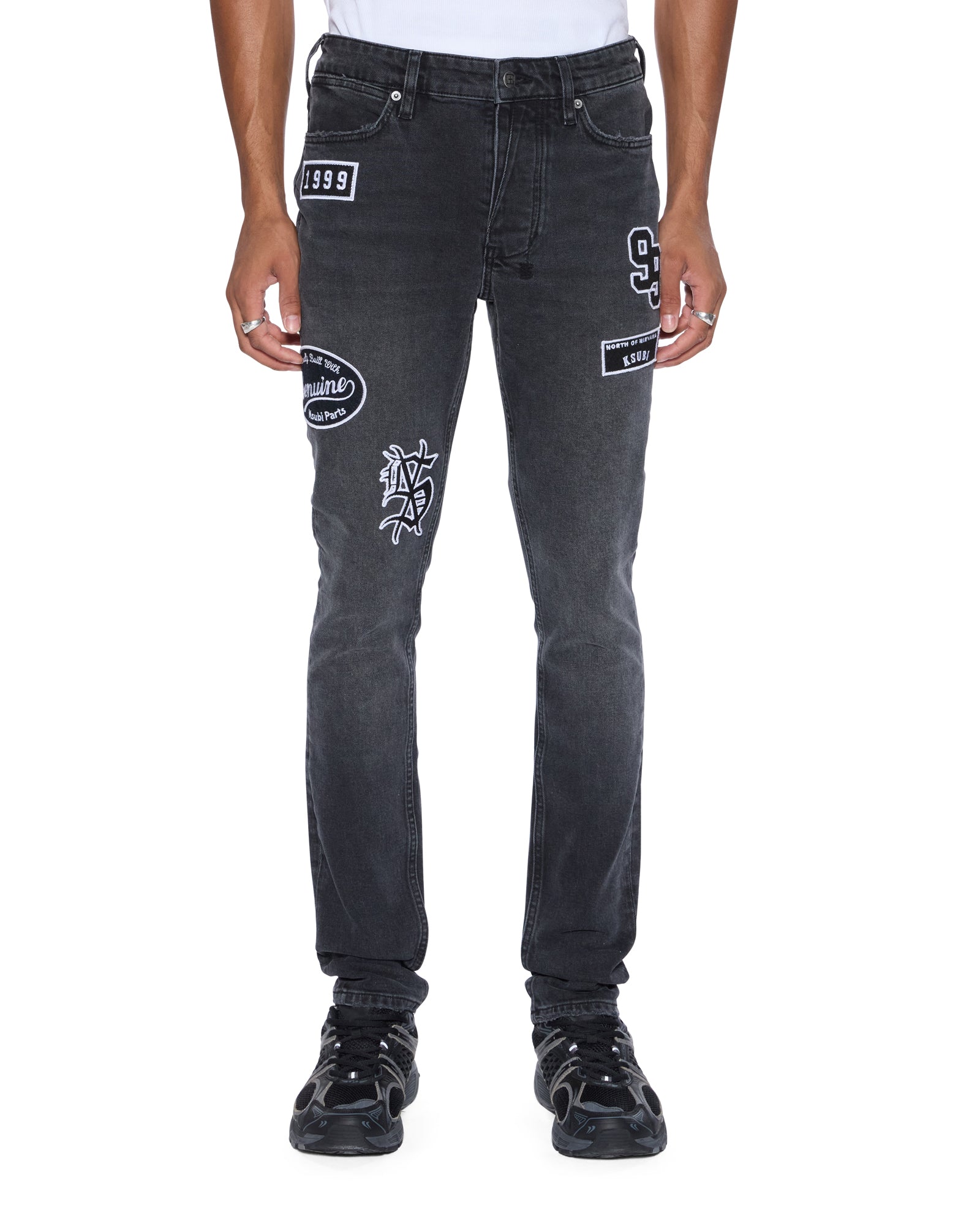 MENS VAN WINKLE ROADHOUSE BLACK PATCHED SKINNY DENIM JEANS