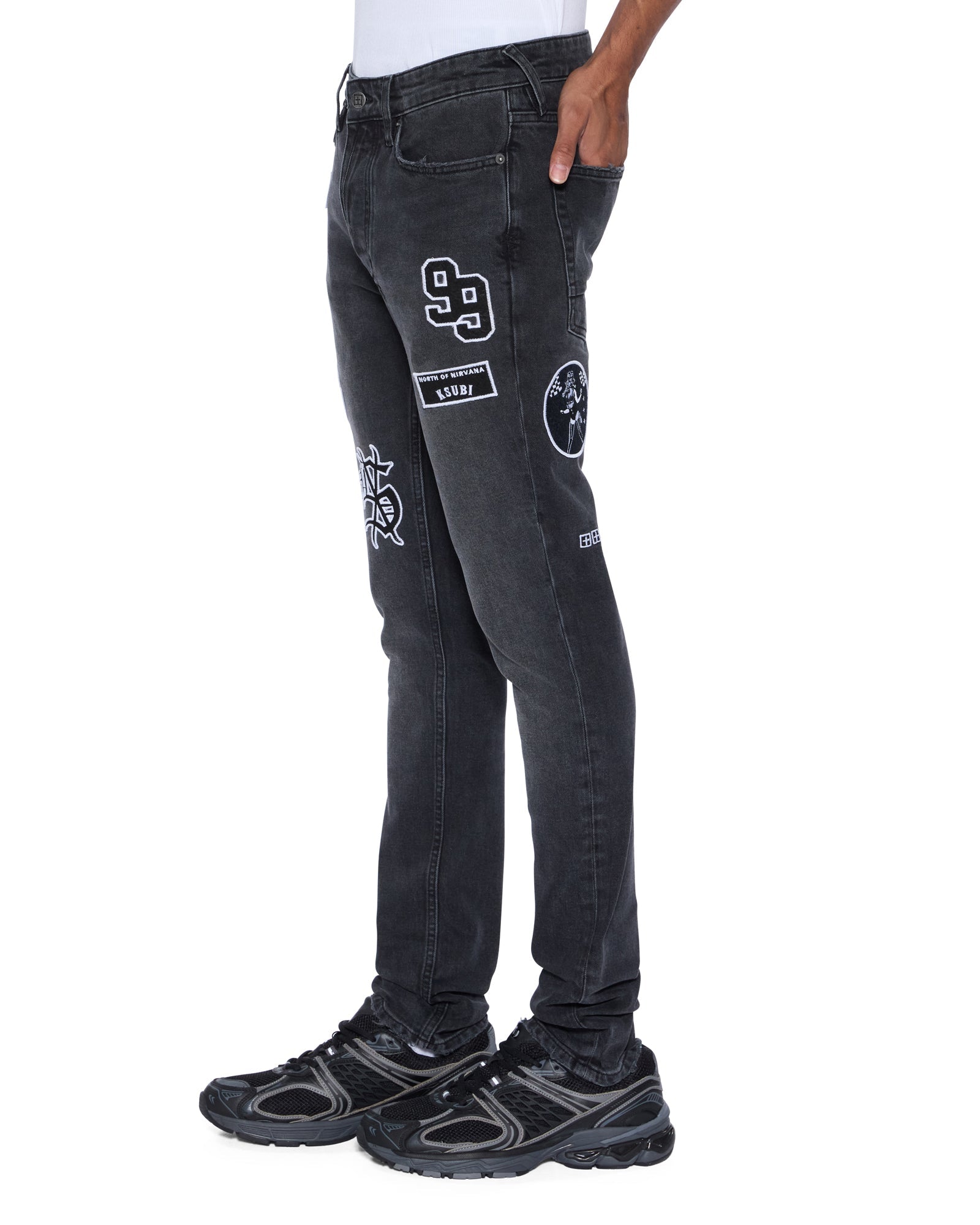 MENS  VAN WINKLE ROADHOUSE BLACK PATCHED SKINNY DENIM JEANS