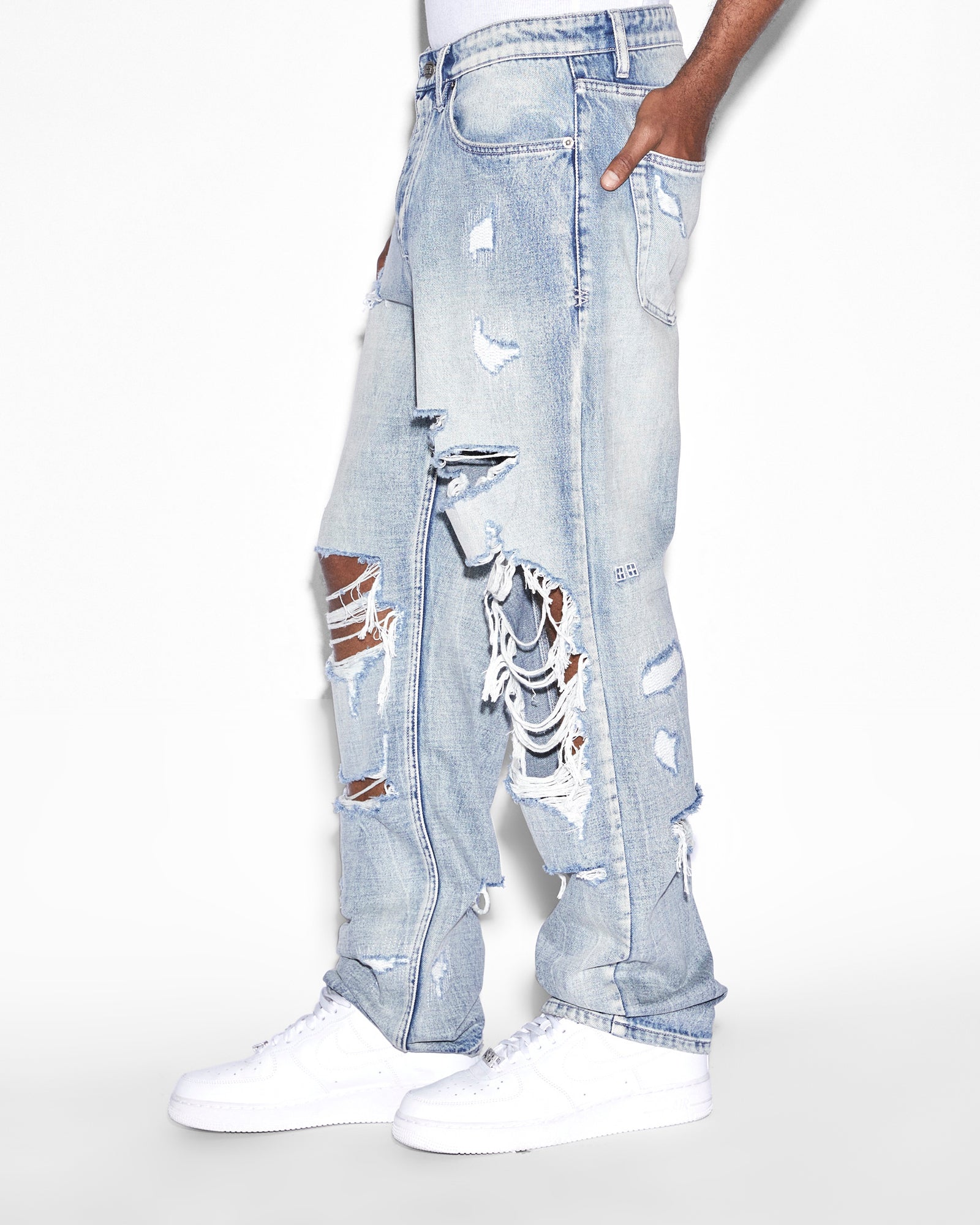 MENS  ANTI K PUNK BLUE SHRED RELAXED DENIM JEANS