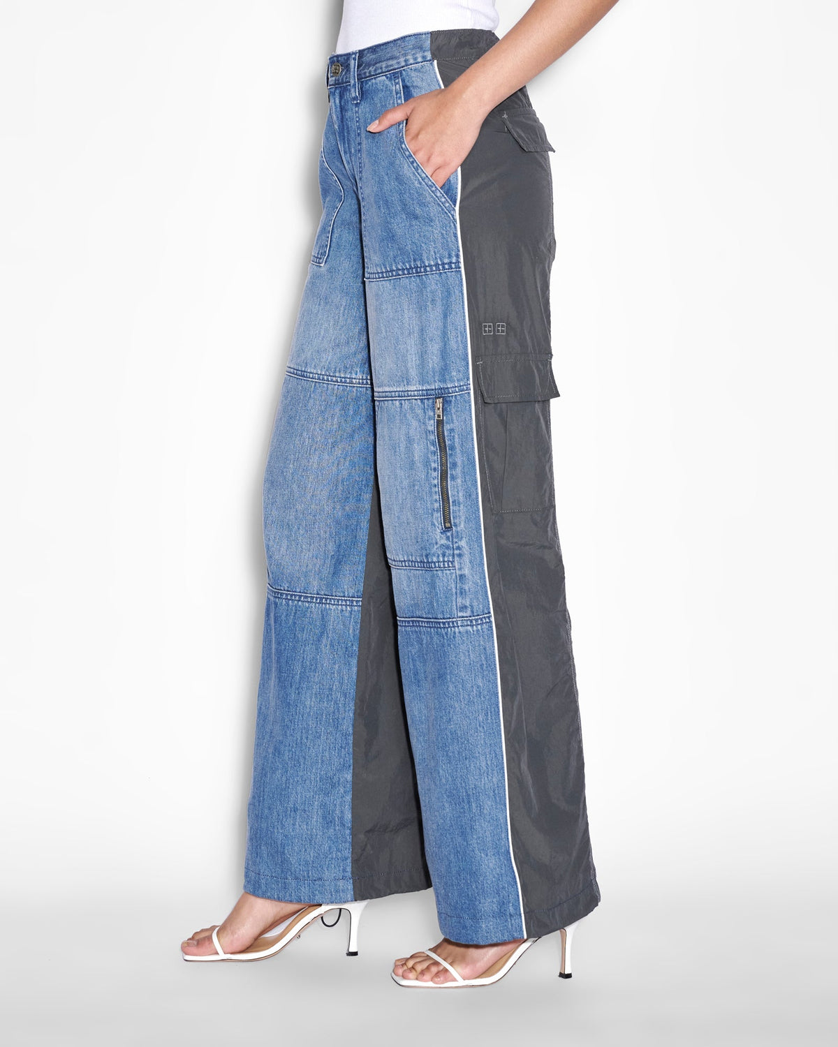 Womens Baggy Jean Nylon Splice Relaxed Denim Jeans - Multi Colour