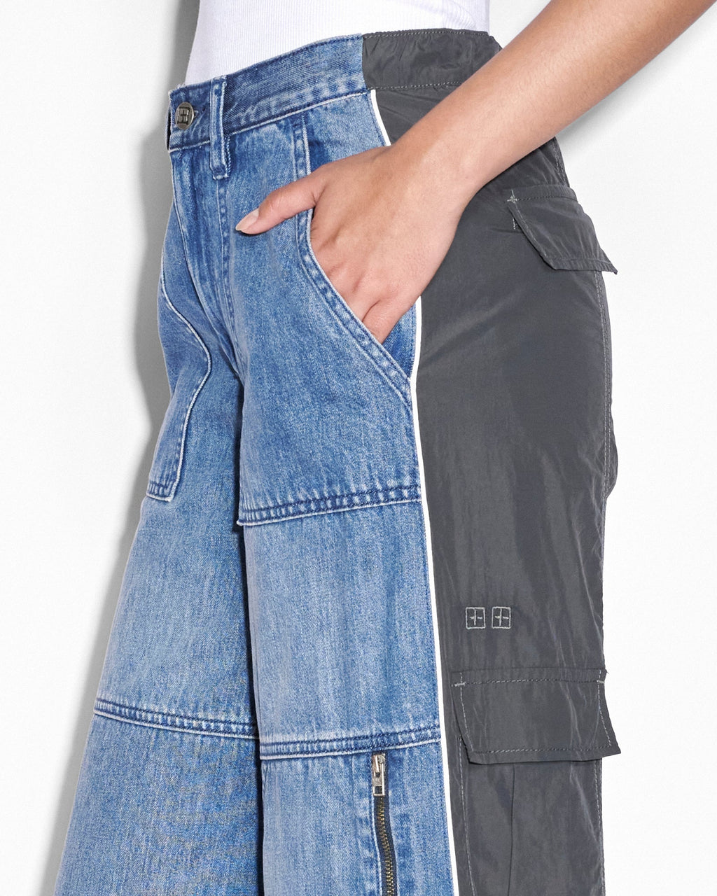 Womens Baggy Jean Nylon Splice Relaxed Denim Jeans - Multi Colour