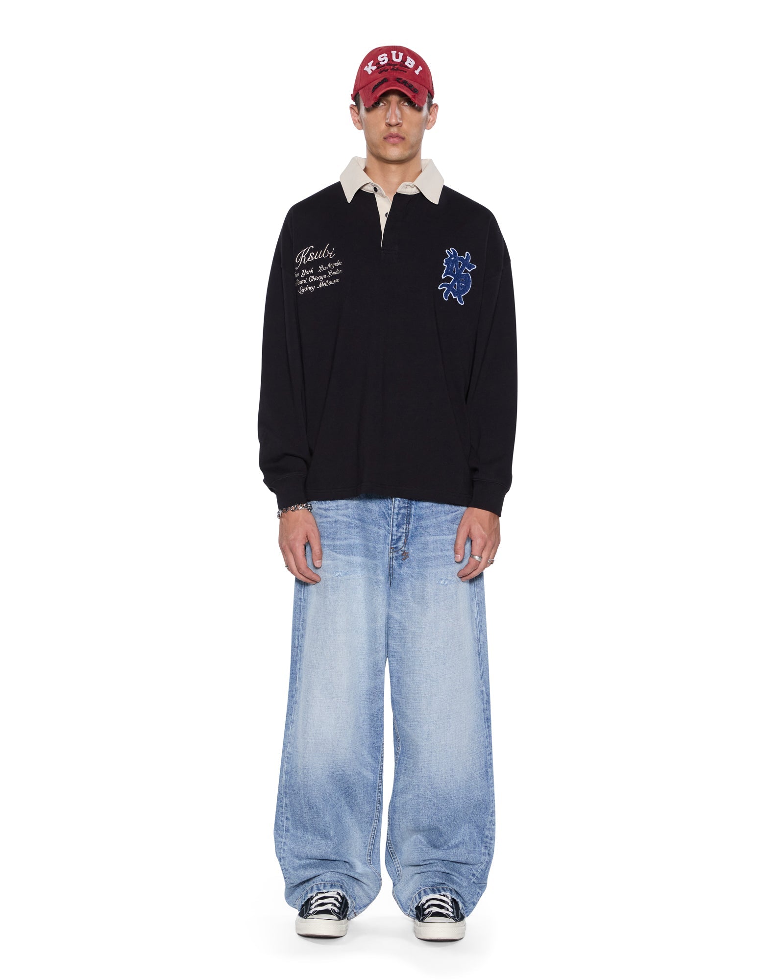 MENS  RUGGED RUGBY LS JERSEY BLACK FADE BOXY FASHION TOPS