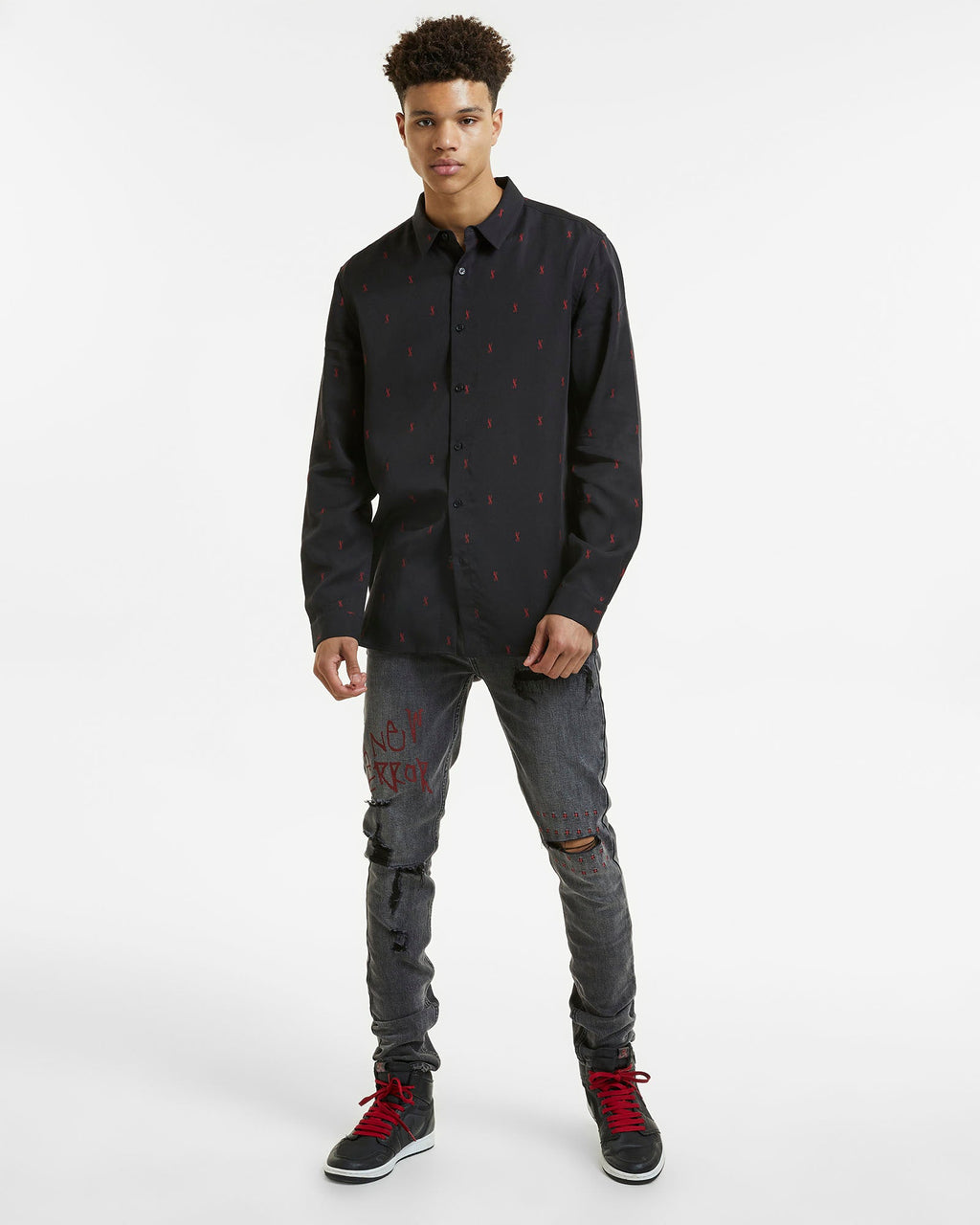 Mens Kash Ls Shirt Black Red Regular Shirts - Black