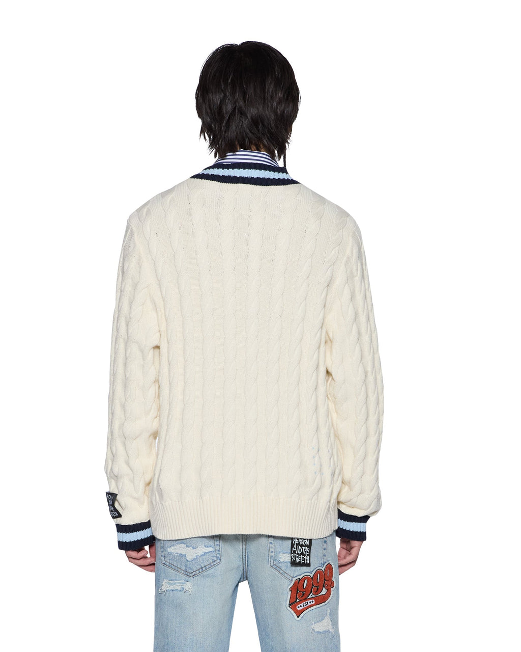 Mens Princeton Cable Knit V Neck Vintage White Boxy Knitwear - White