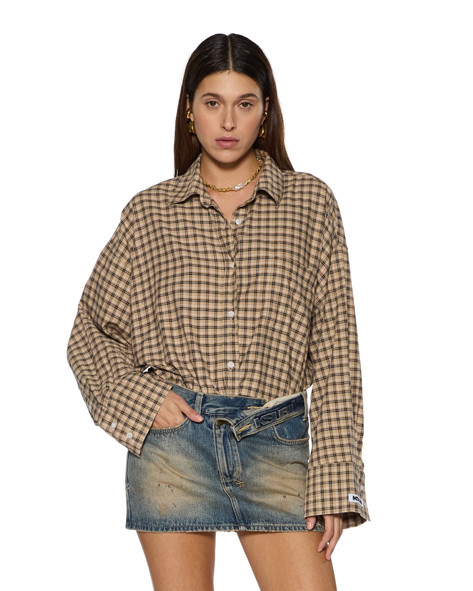 WOMENS ASTRA LS SHIRT TAN PLAID OVERSIZED SHIRTS
