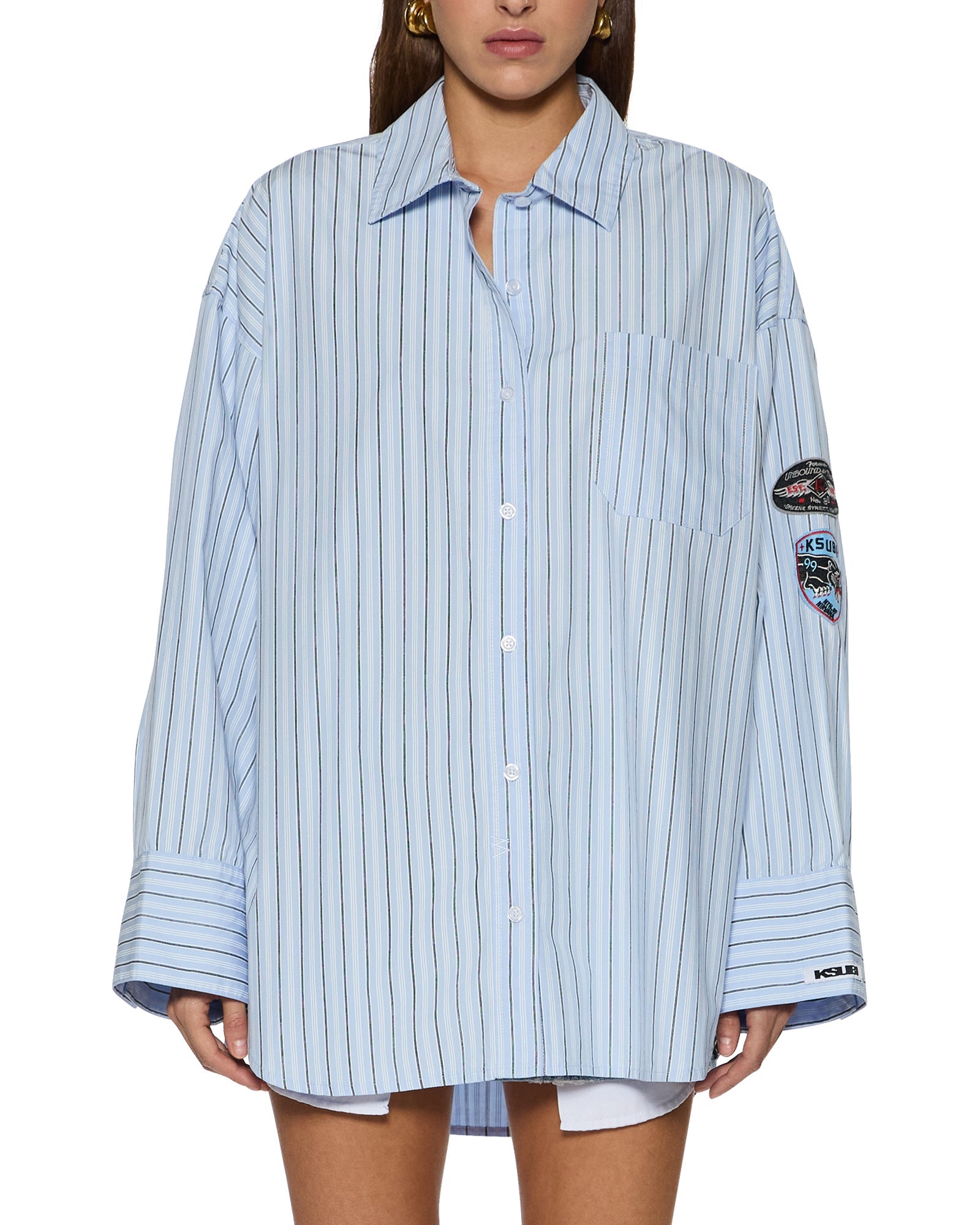 WOMENS  ASTRA LS SHIRT BLUE STRIPE BADGE OVERSIZED SHIRTS
