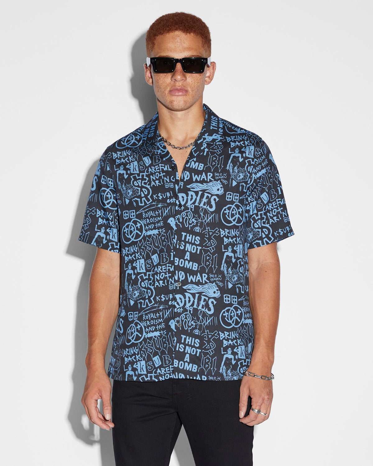 Mens Baddies Resort Ss Shirt Blue Regular Shirts - Blue