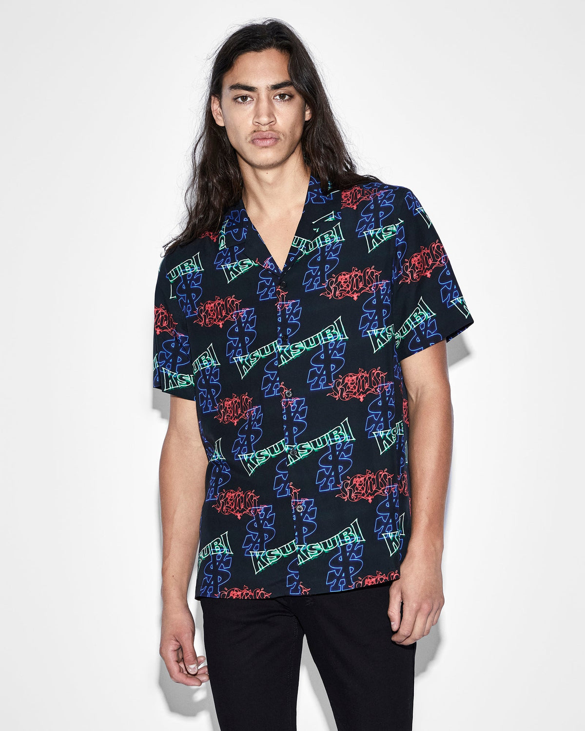 Mens Glow Resort Ss Shirt Black Regular Shirts - White