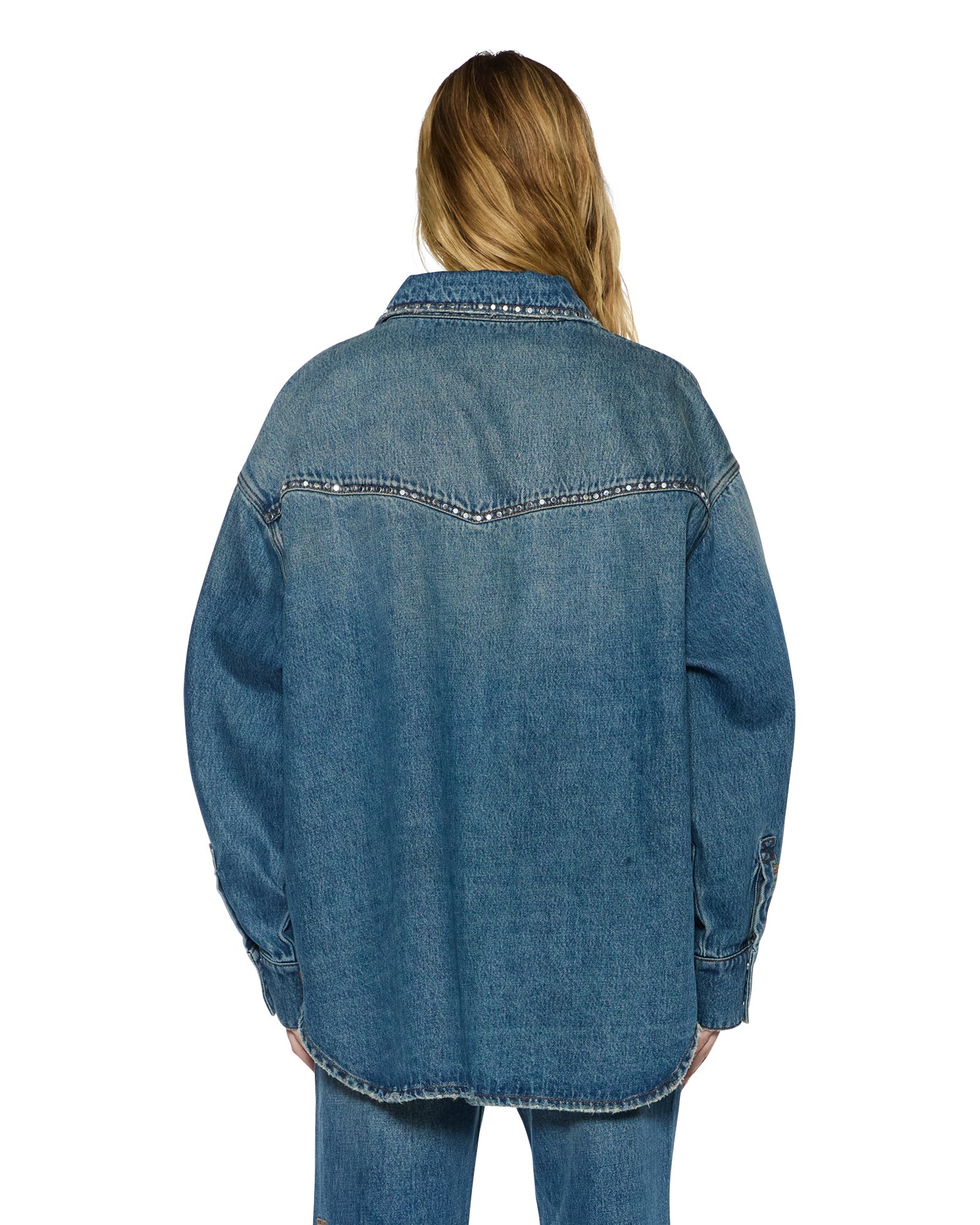 WOMENS OVERSIZED LS SHIRT TEXAS BLUE STUDDED SHIRTS