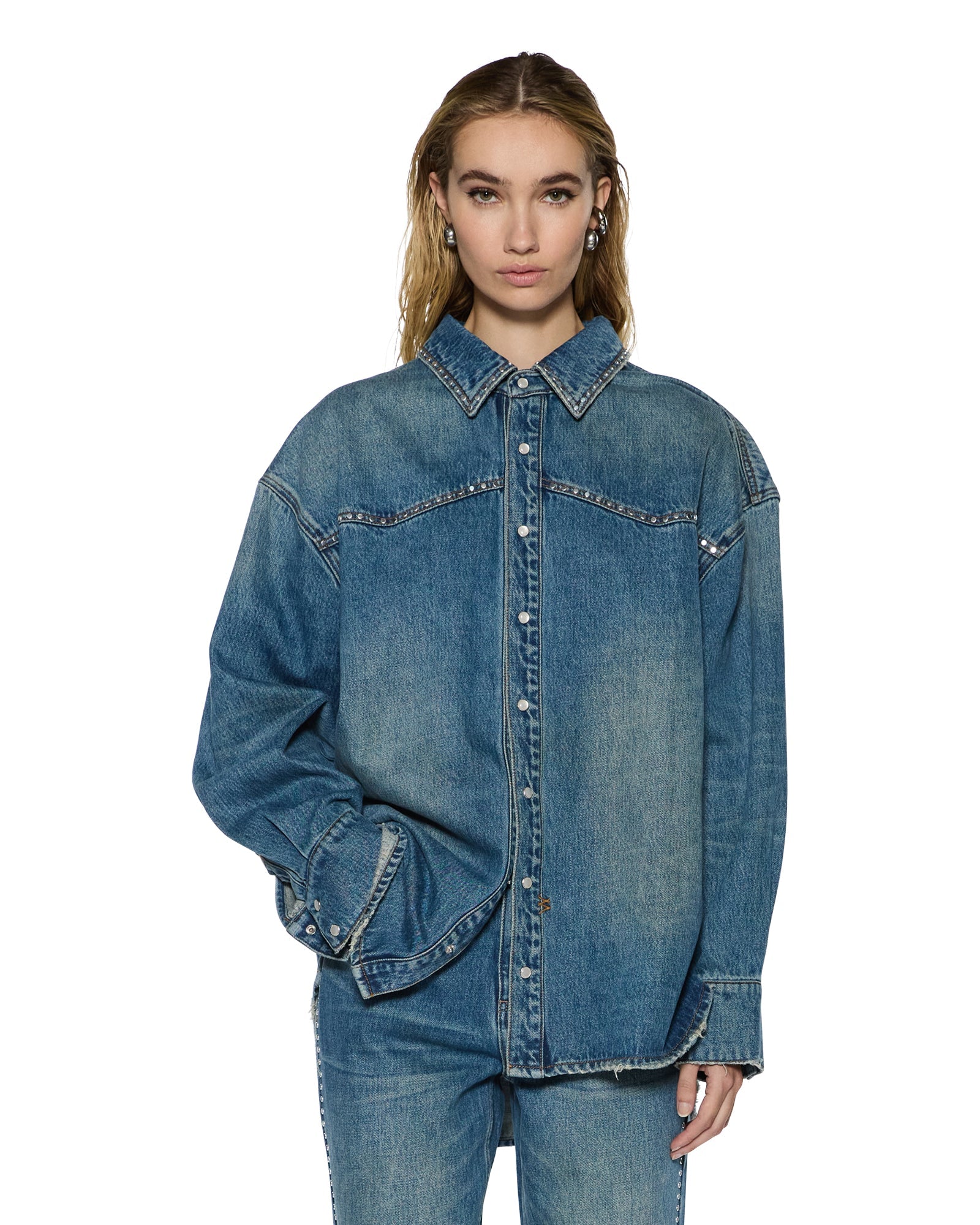 WOMENS OVERSIZED LS SHIRT TEXAS BLUE STUDDED SHIRTS