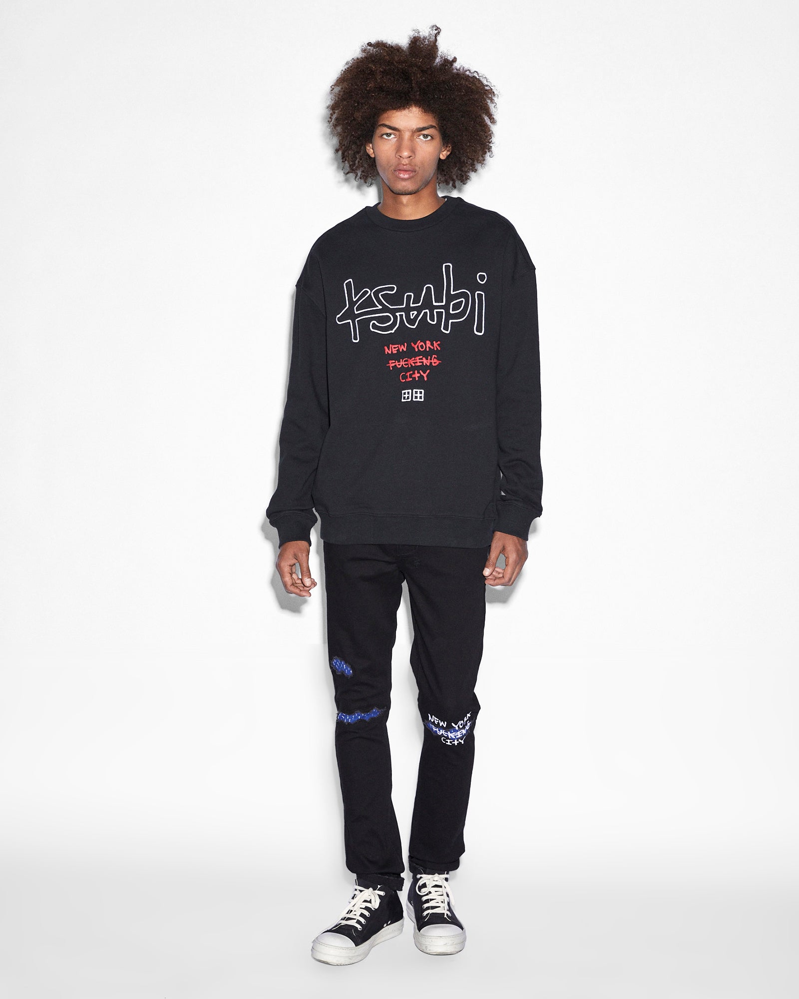 MENS NYC 4X4  BIGGIE CREW JET BLACK OVERSIZED FLEECE