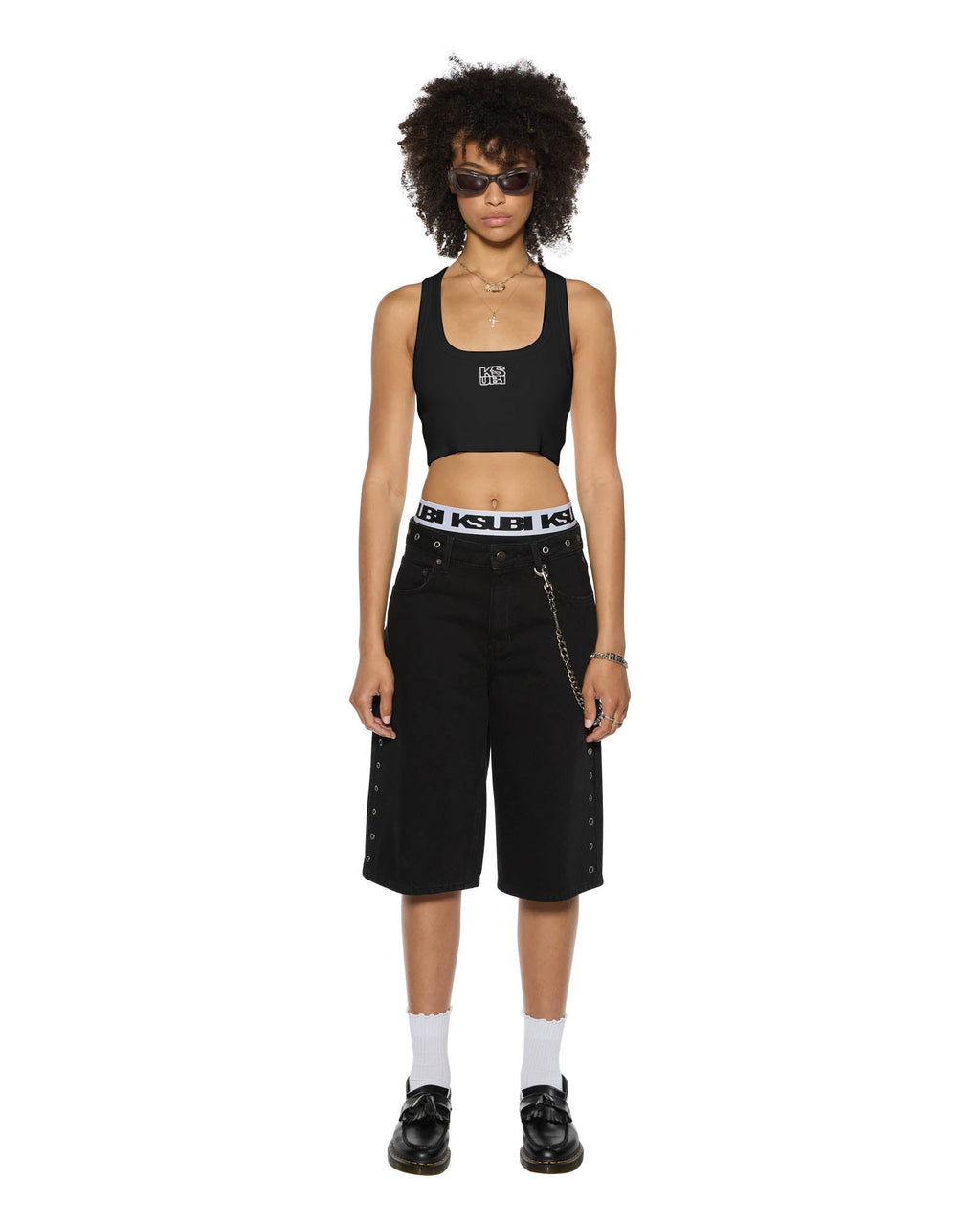WOMENS STACKED ORIGIN CROP BLACK FASHION TOPS