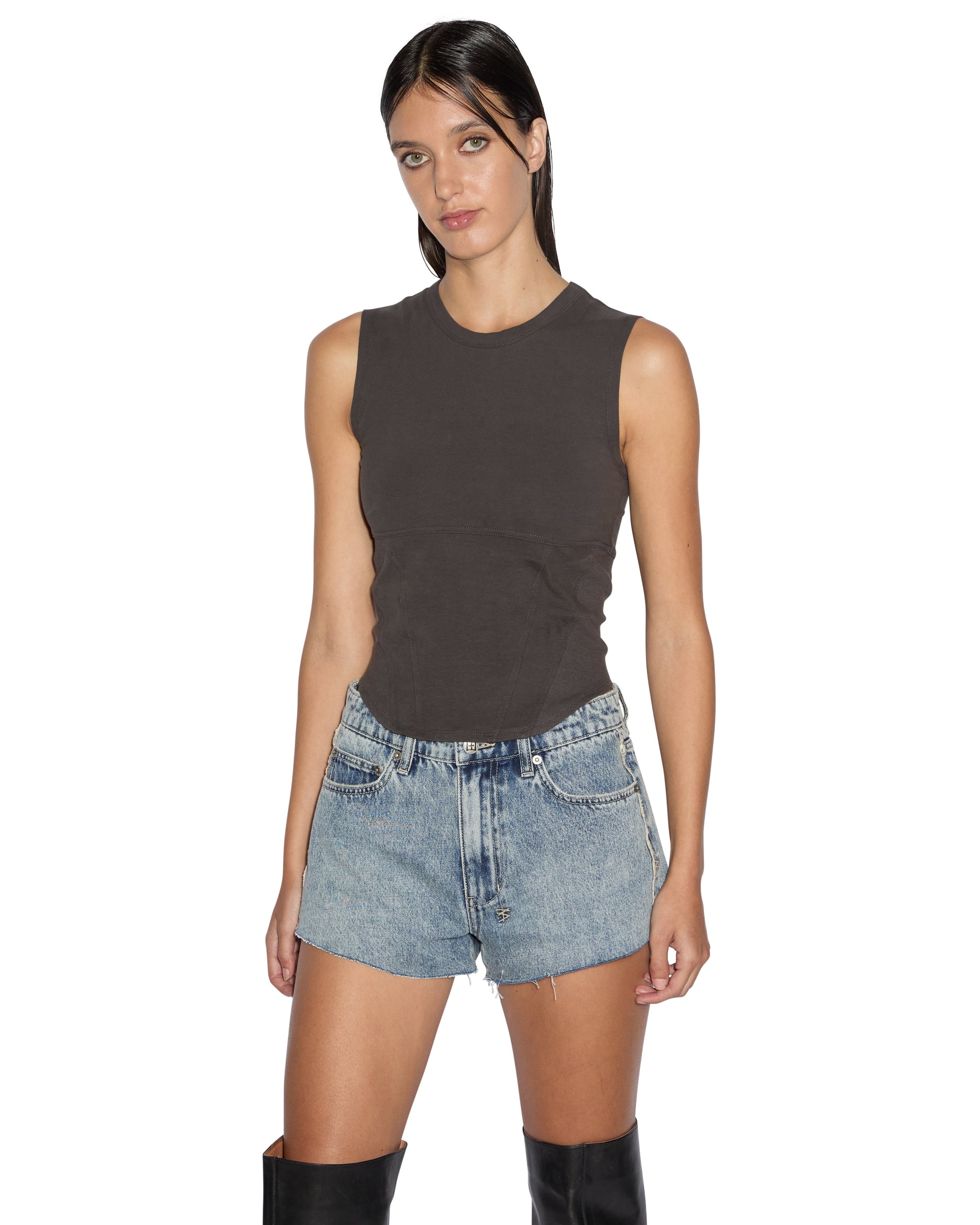 WOMENS  STAGED TANK WASHED BLACK FITTED TEES