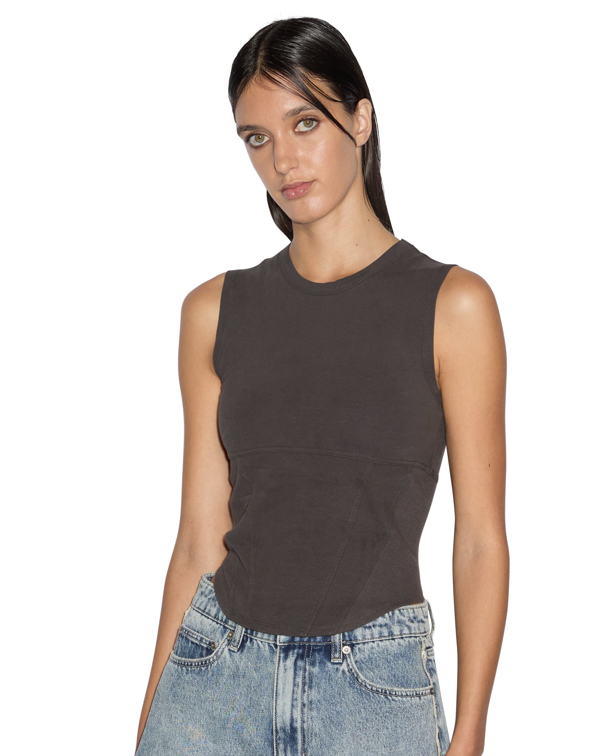 WOMENS  STAGED TANK WASHED BLACK FITTED TEES