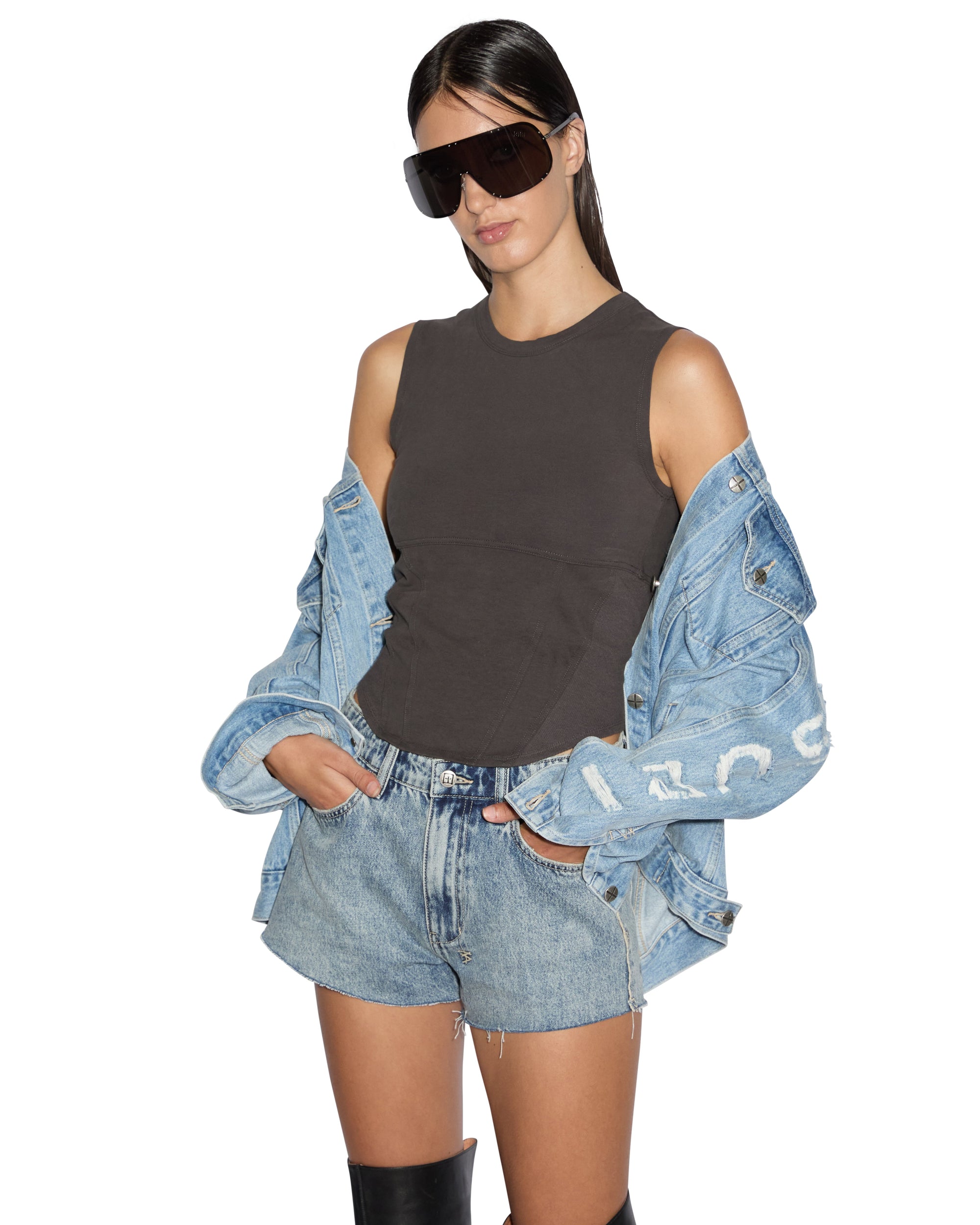 WOMENS  STAGED TANK WASHED BLACK FITTED TEES