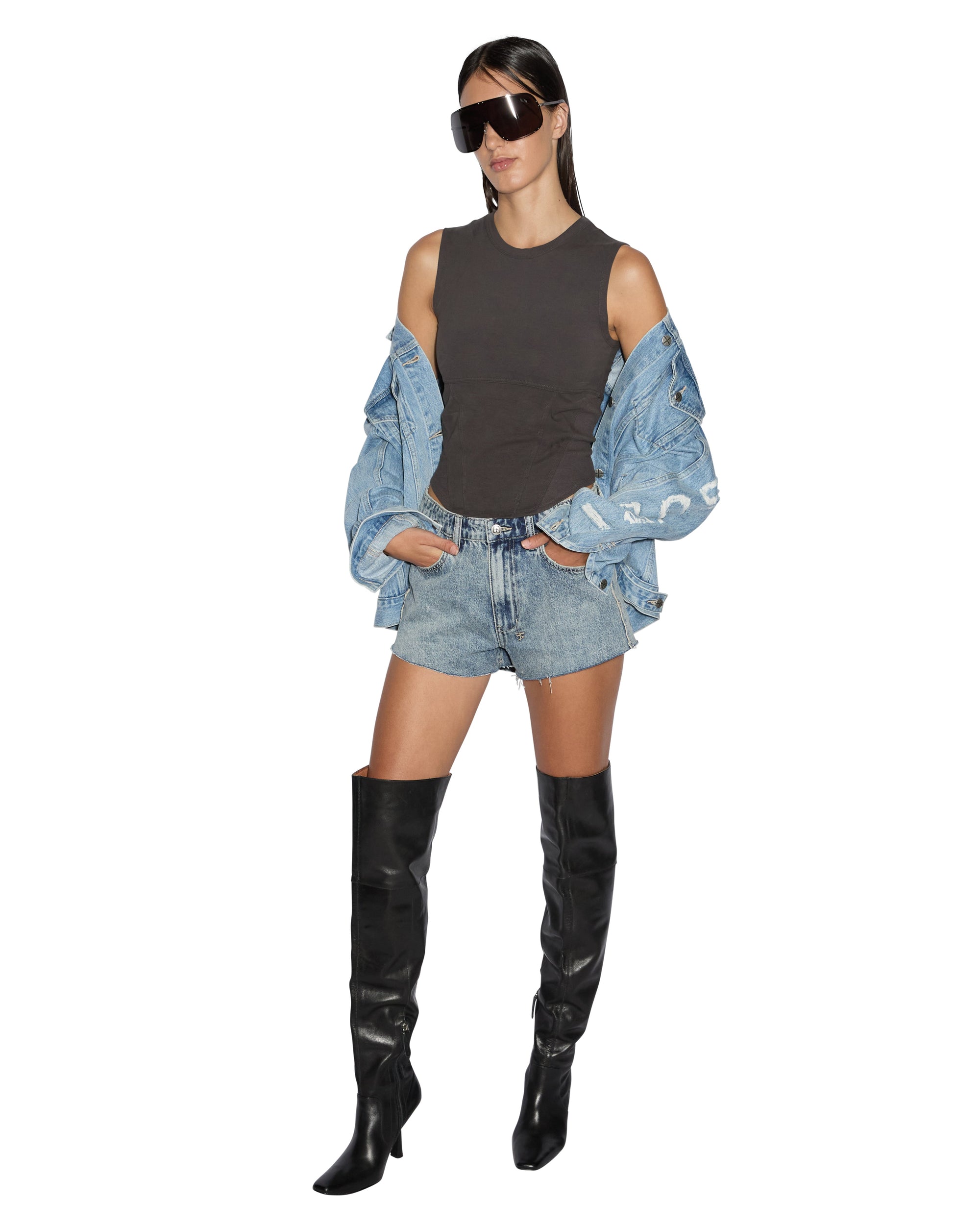 WOMENS  STAGED TANK WASHED BLACK FITTED TEES
