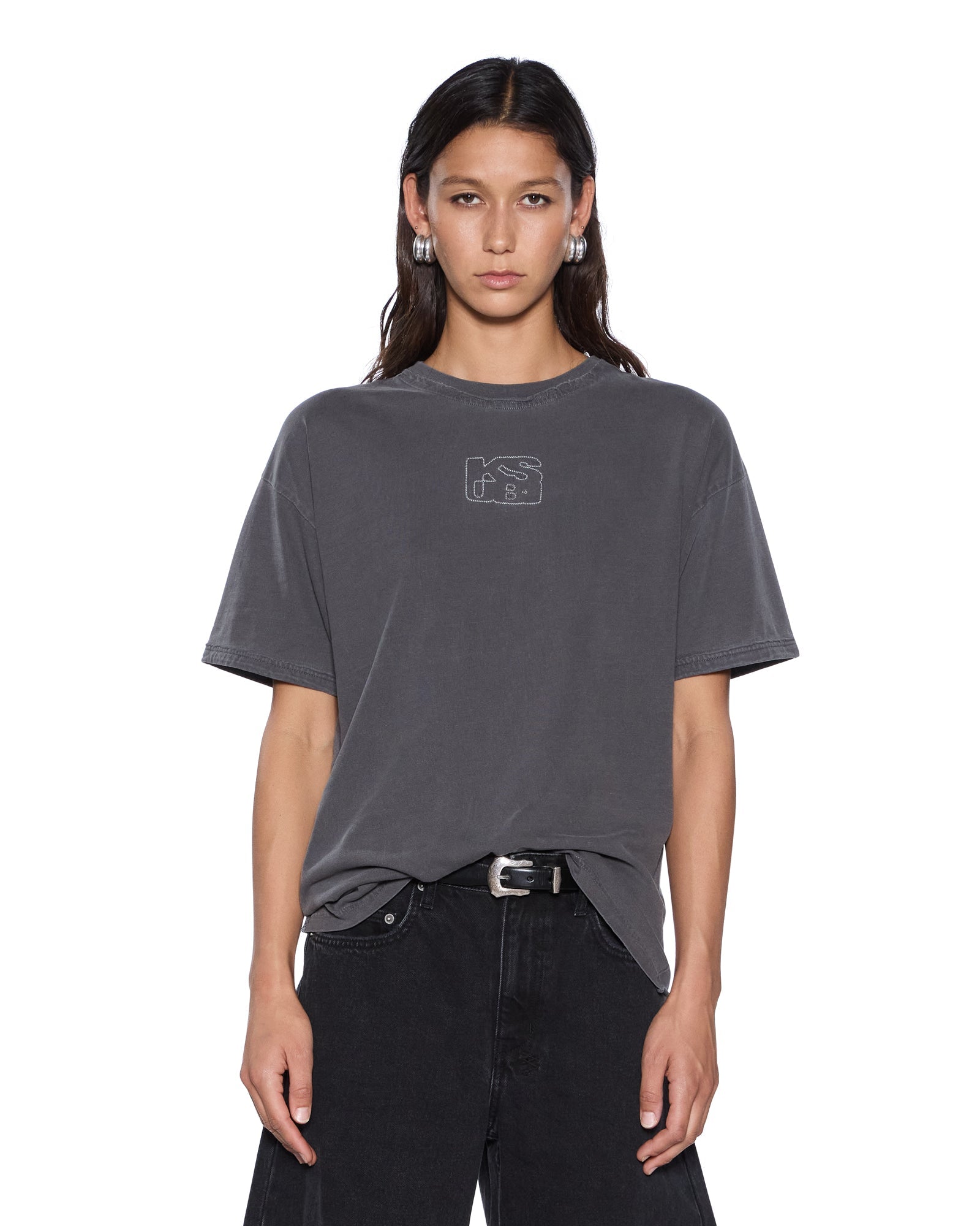 WOMENS  STACKED STITCH OH G SS TEE CHARCOAL OVERSIZED TEES