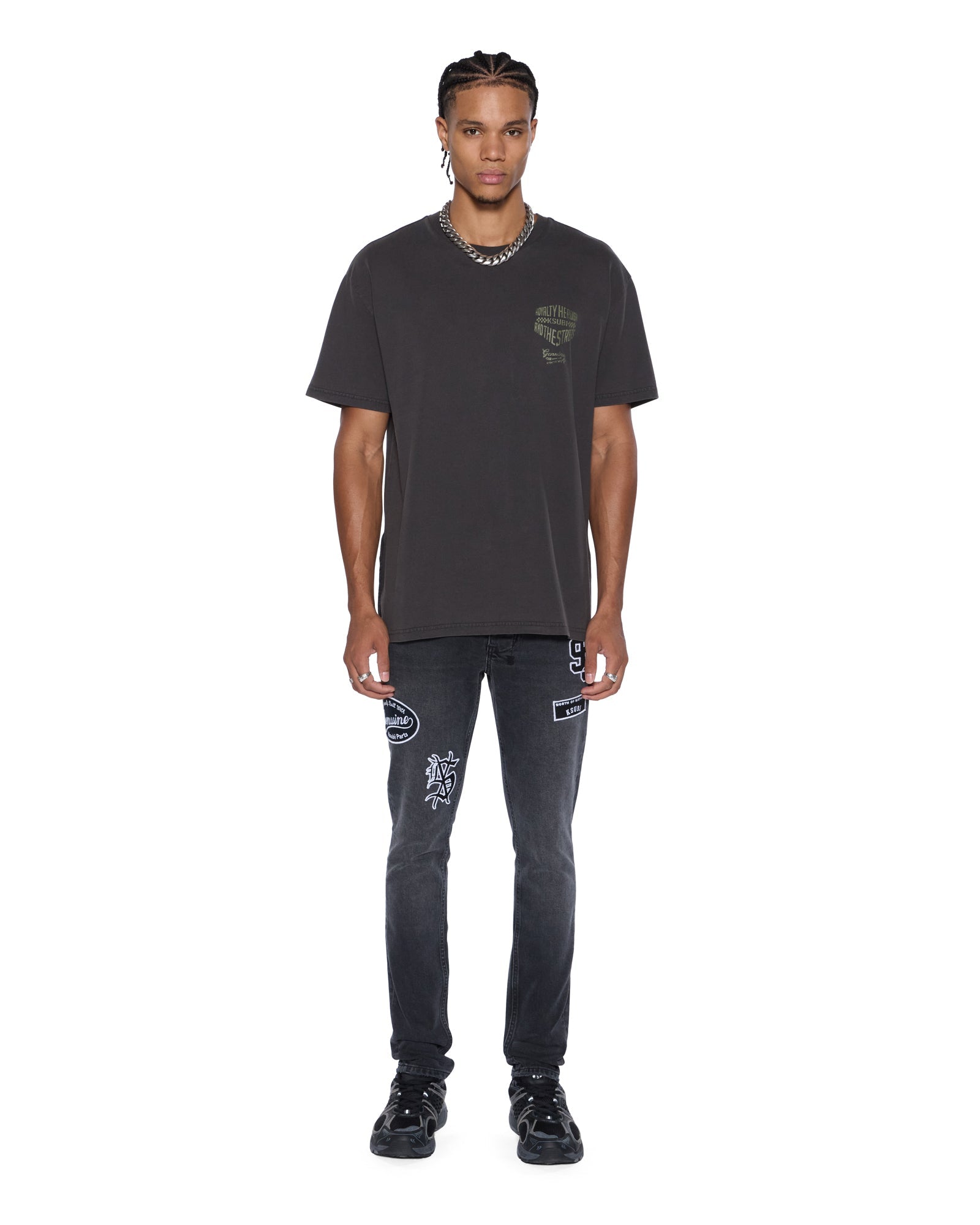 MENS VAN WINKLE ROADHOUSE BLACK PATCHED SKINNY DENIM JEANS