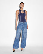 Womens Baggy Jean Nylon Splice Relaxed Denim Jeans - Multi Colour