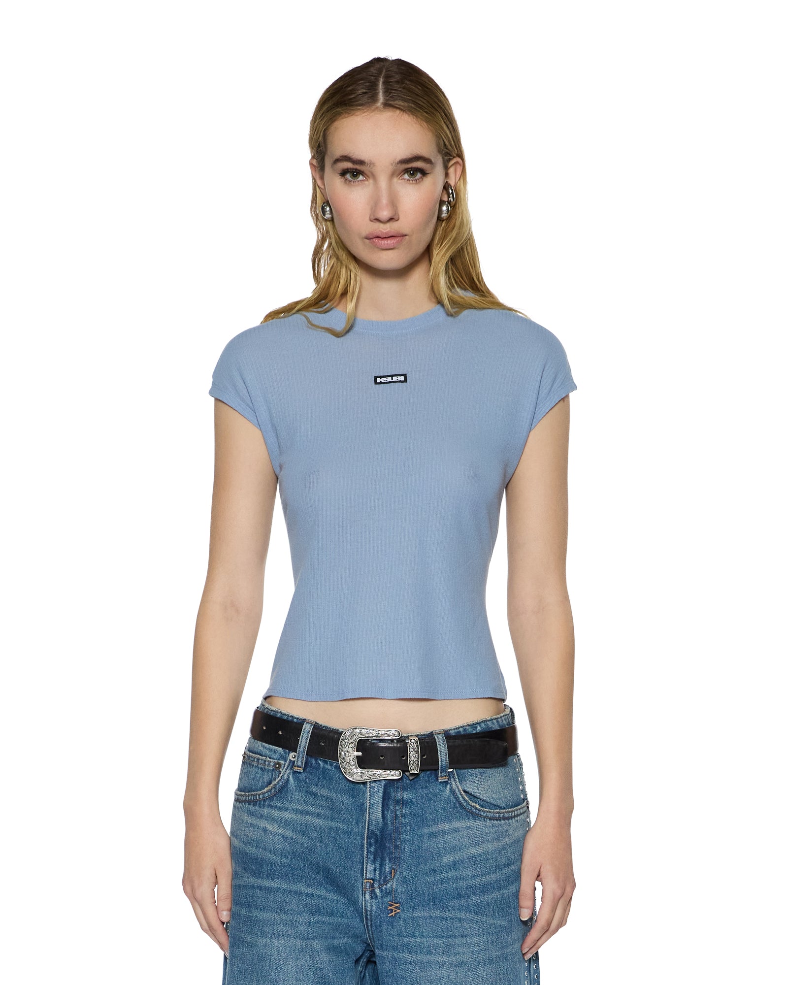 WOMENS STAPLE SS TEE ICE BLUE SHEER SLIM FASHION TOPS