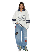Womens 99 Boyfriend Polo Sweatshirt Vintage White Oversized Fleece - White