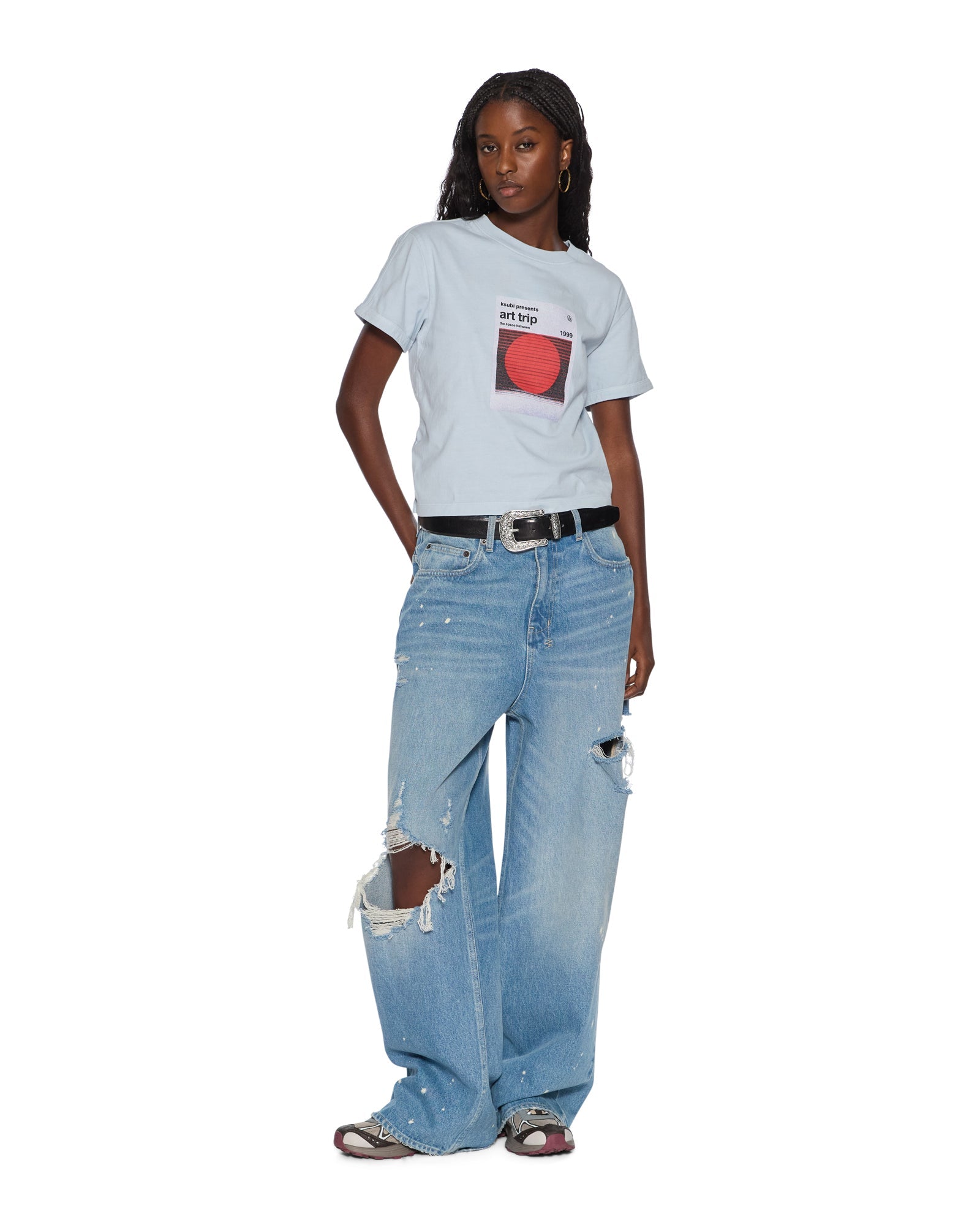 WOMENS  ART TRIP SHRUNKEN CUT OUT TEE ICE MIST SLIM FLEECE