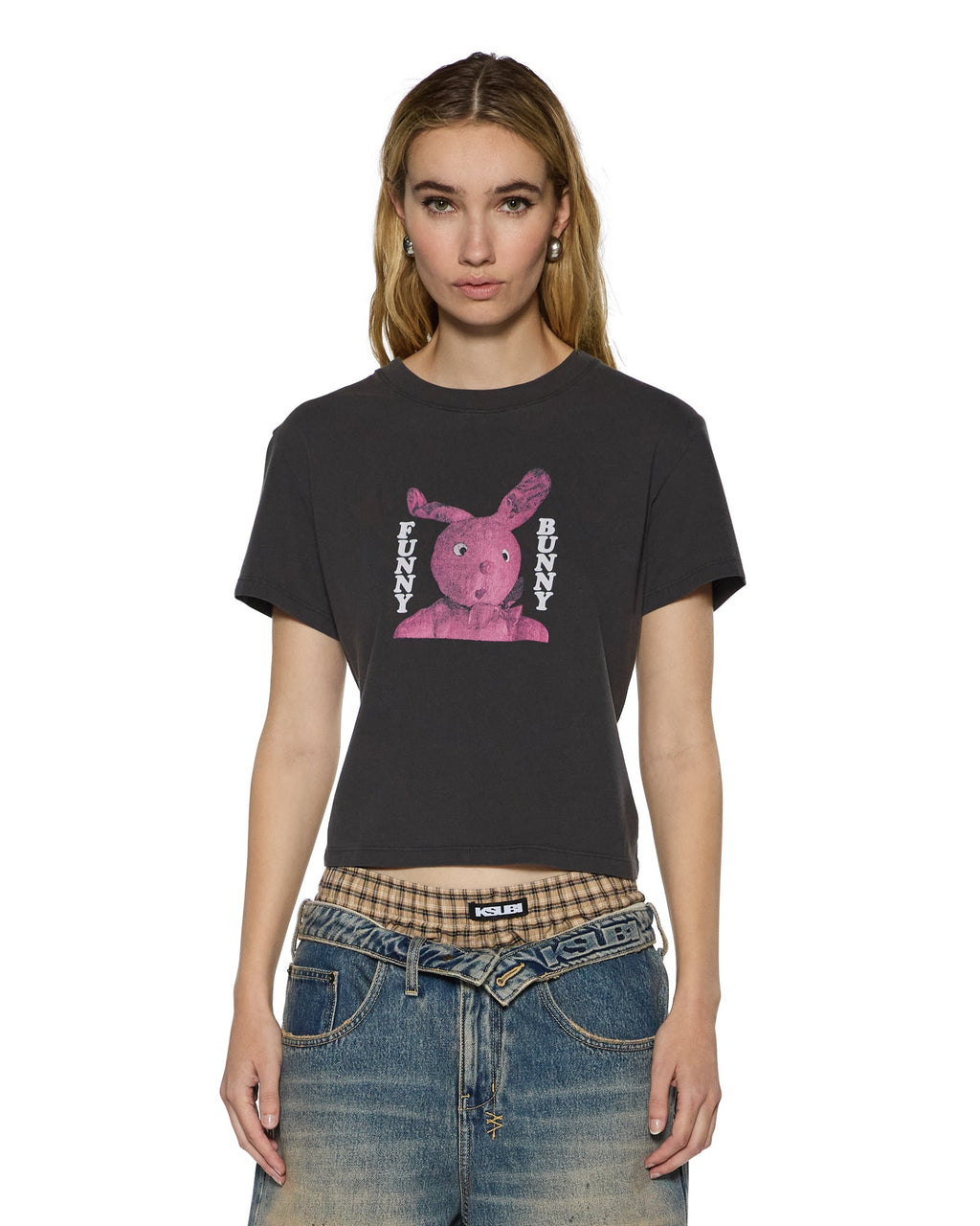 WOMENS FUNNY BUNNY SHRUNKEN SS TEE WASHED BLACK TEES