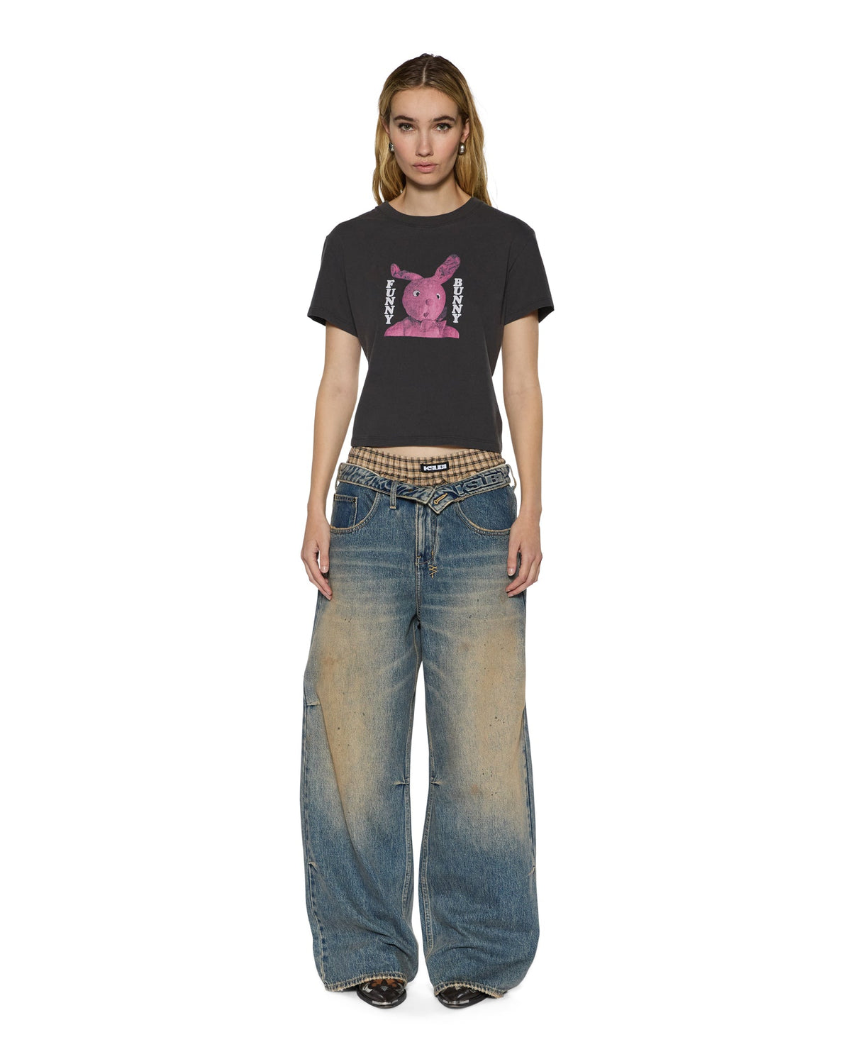 WOMENS FUNNY BUNNY SHRUNKEN SS TEE WASHED BLACK TEES